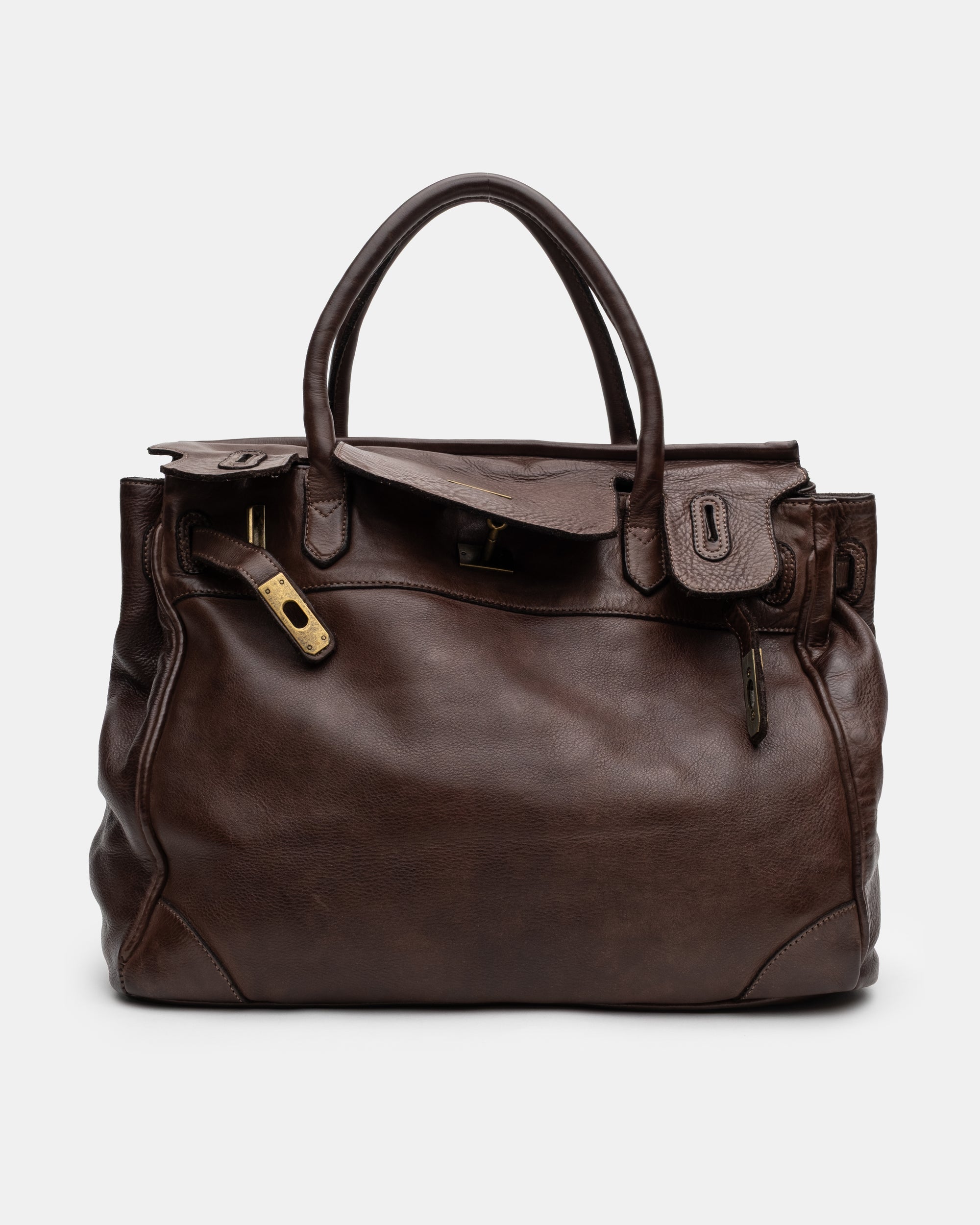 Washed Slouchy Calf-Leather Shoulder Bag in Chocolate