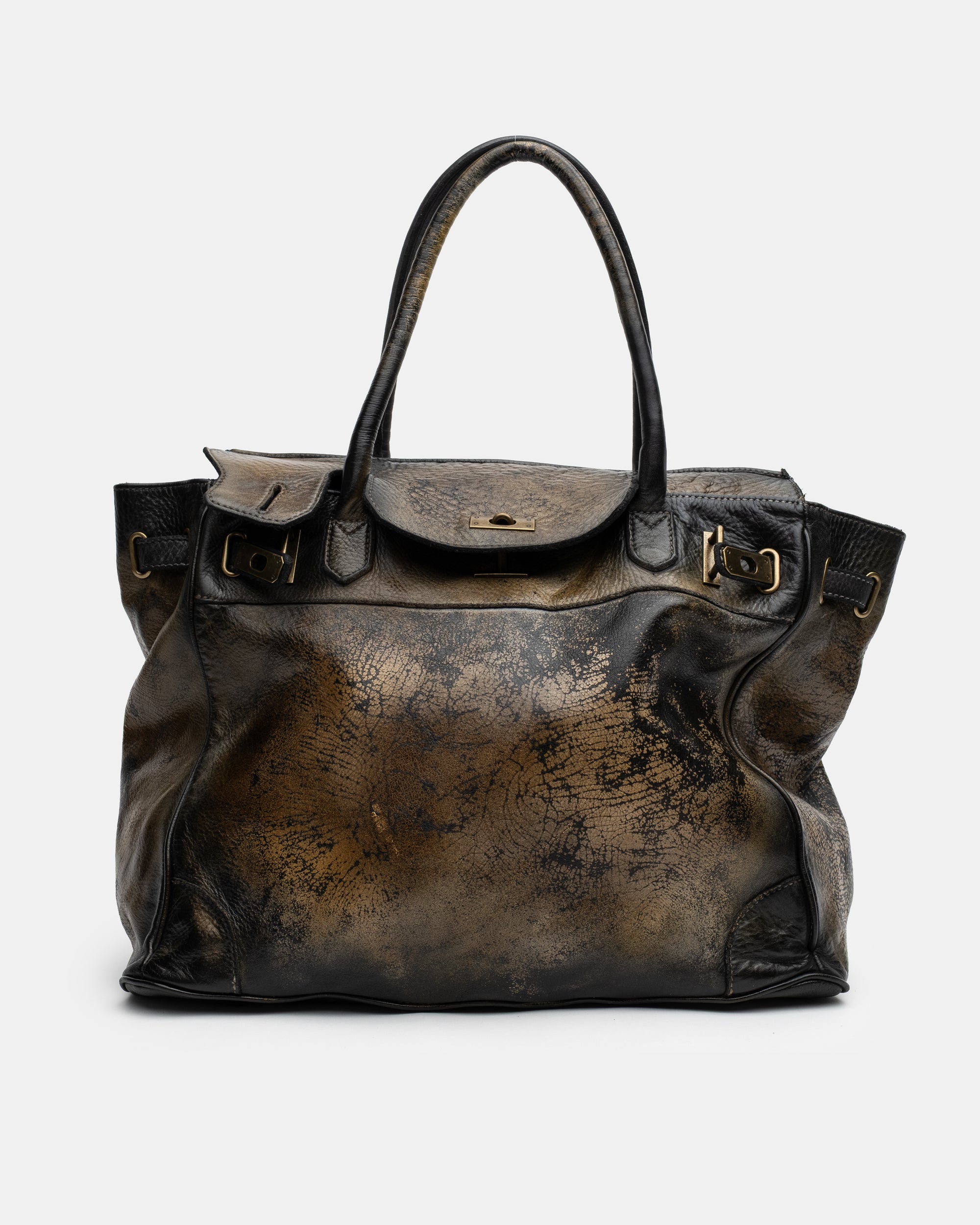 Washed Calf Leather Shoulder Bag in Antique Black