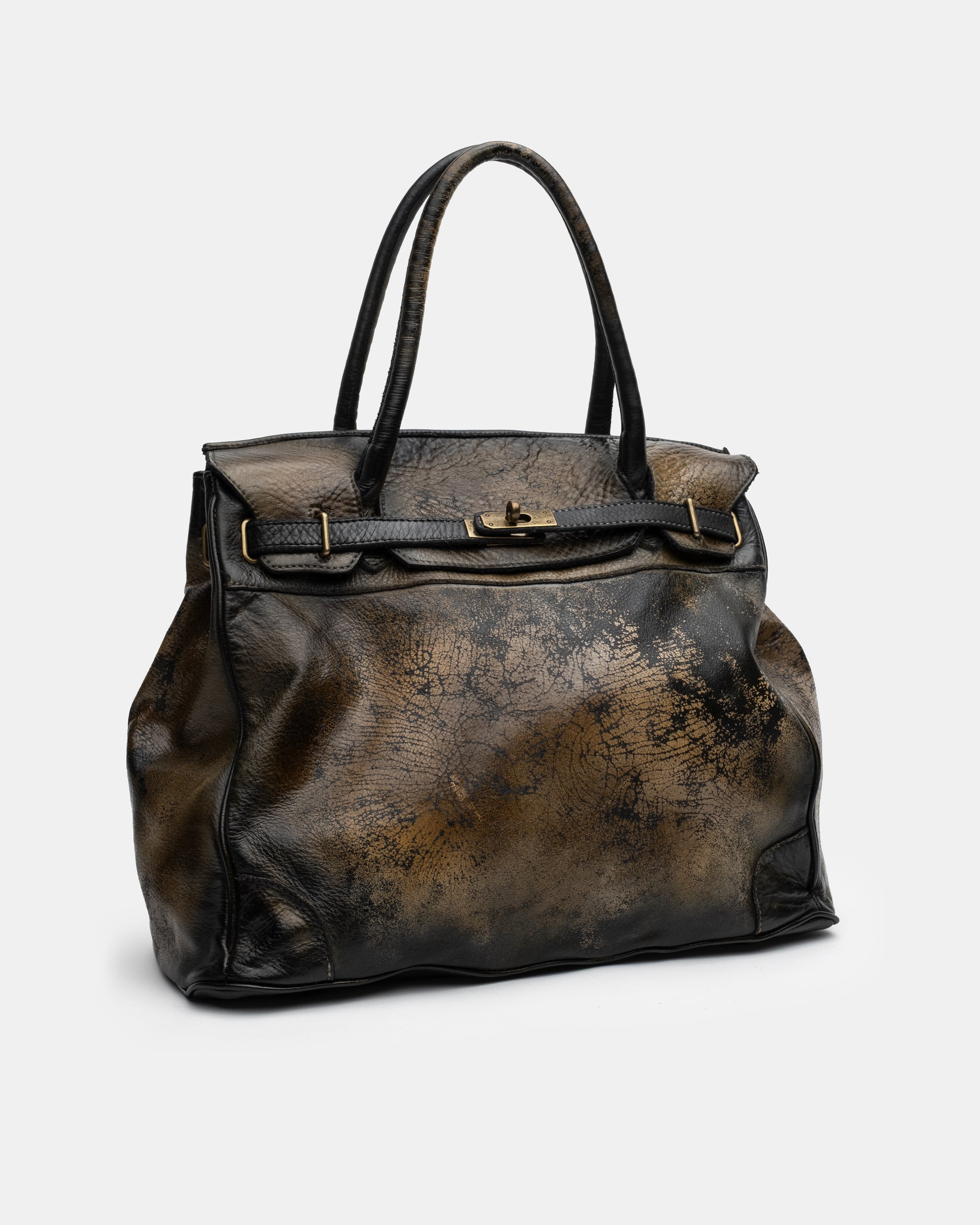 Washed Calf Leather Shoulder Bag in Antique Black