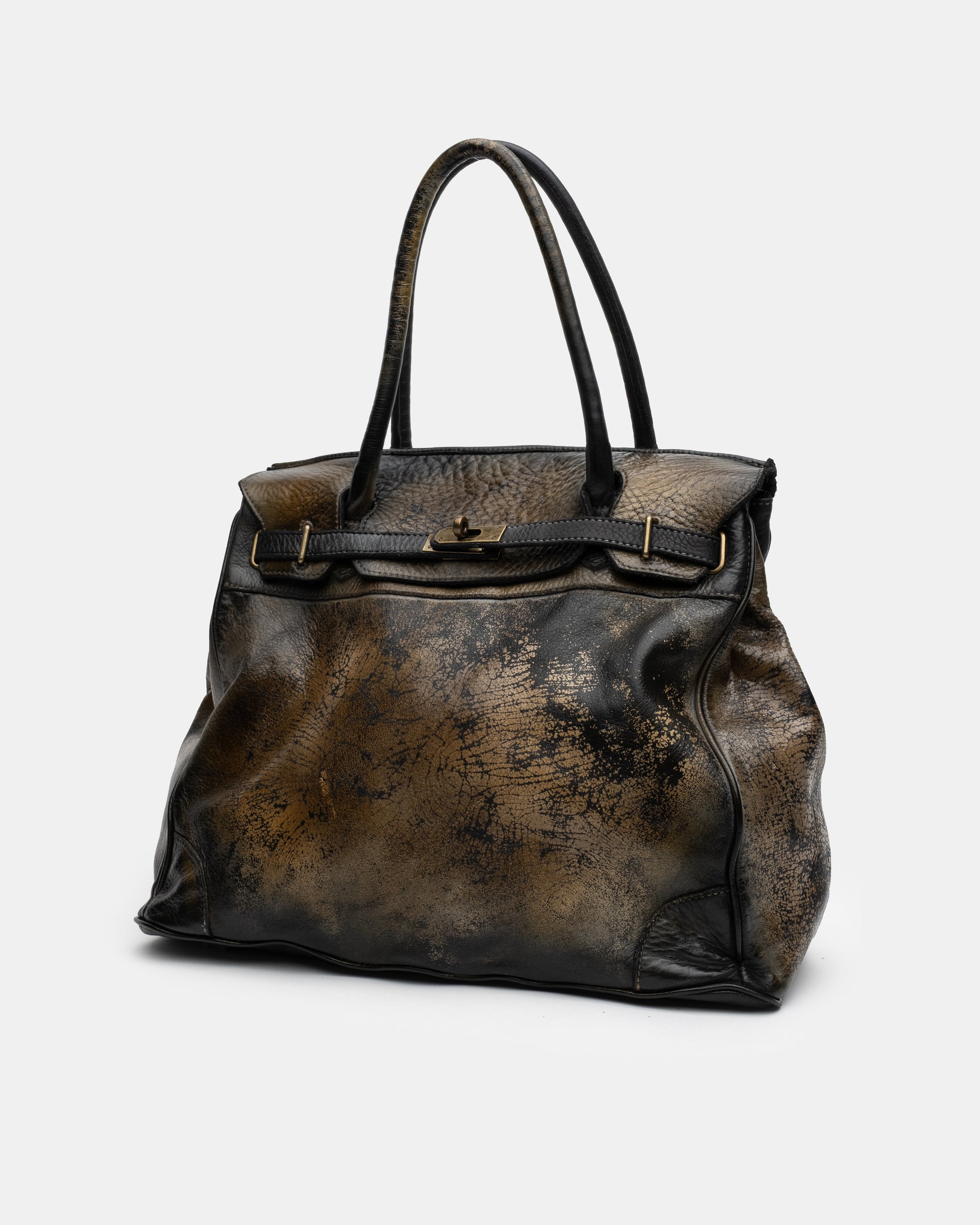 Washed Calf Leather Shoulder Bag in Antique Black