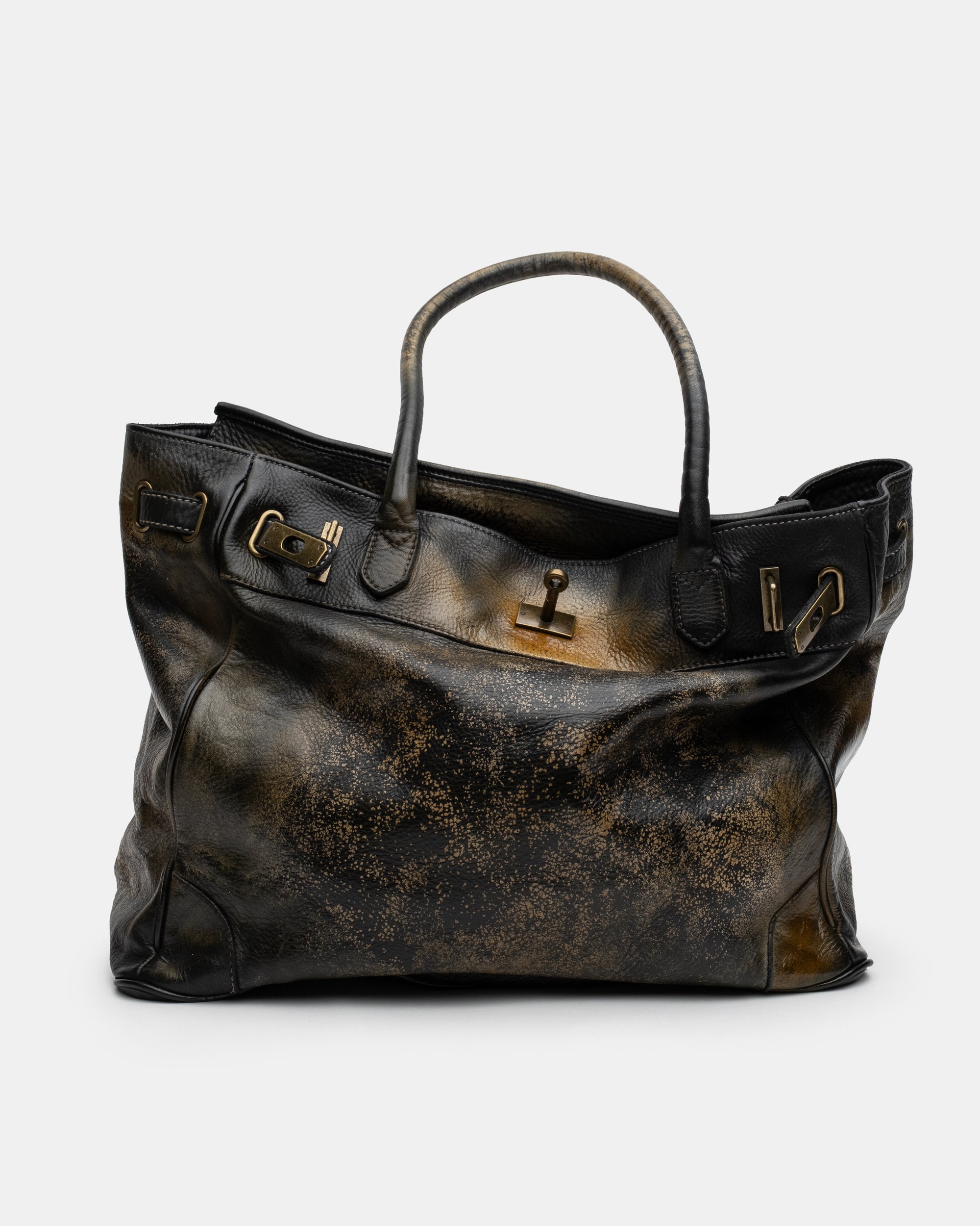 Washed Calf Leather Shoulder Bag in Antique Black
