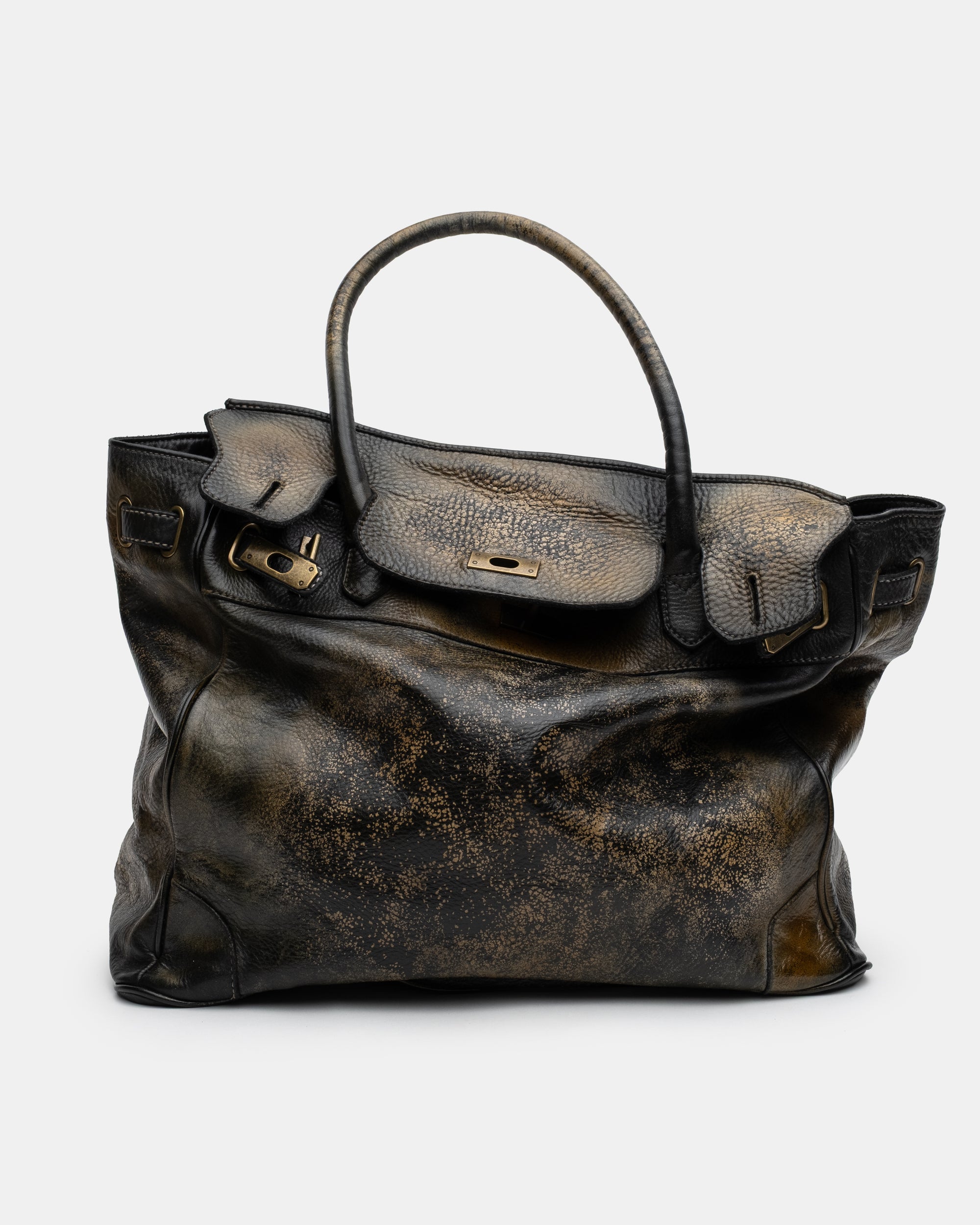 Washed Calf Leather Shoulder Bag in Antique Black