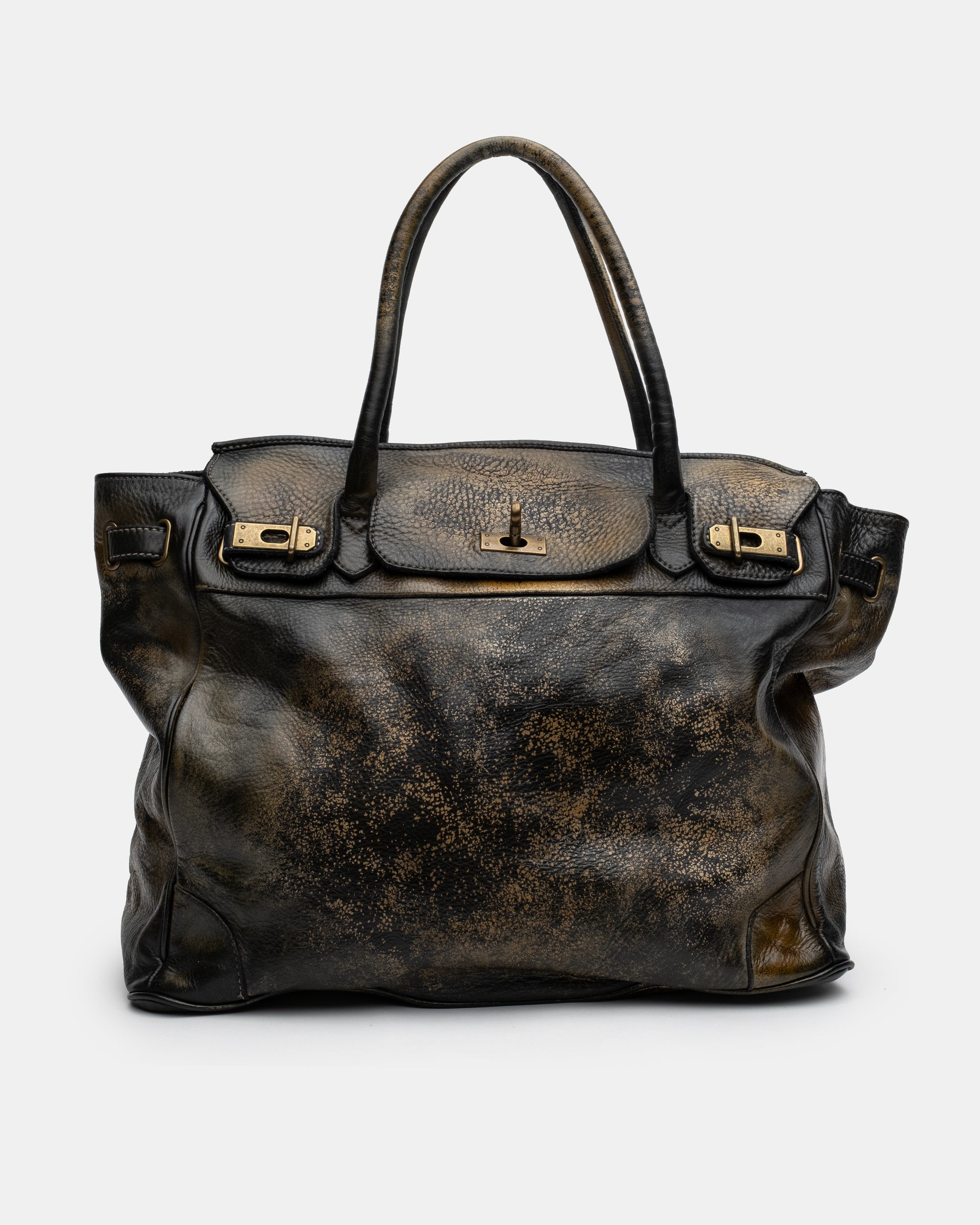 Washed Calf Leather Shoulder Bag in Antique Black