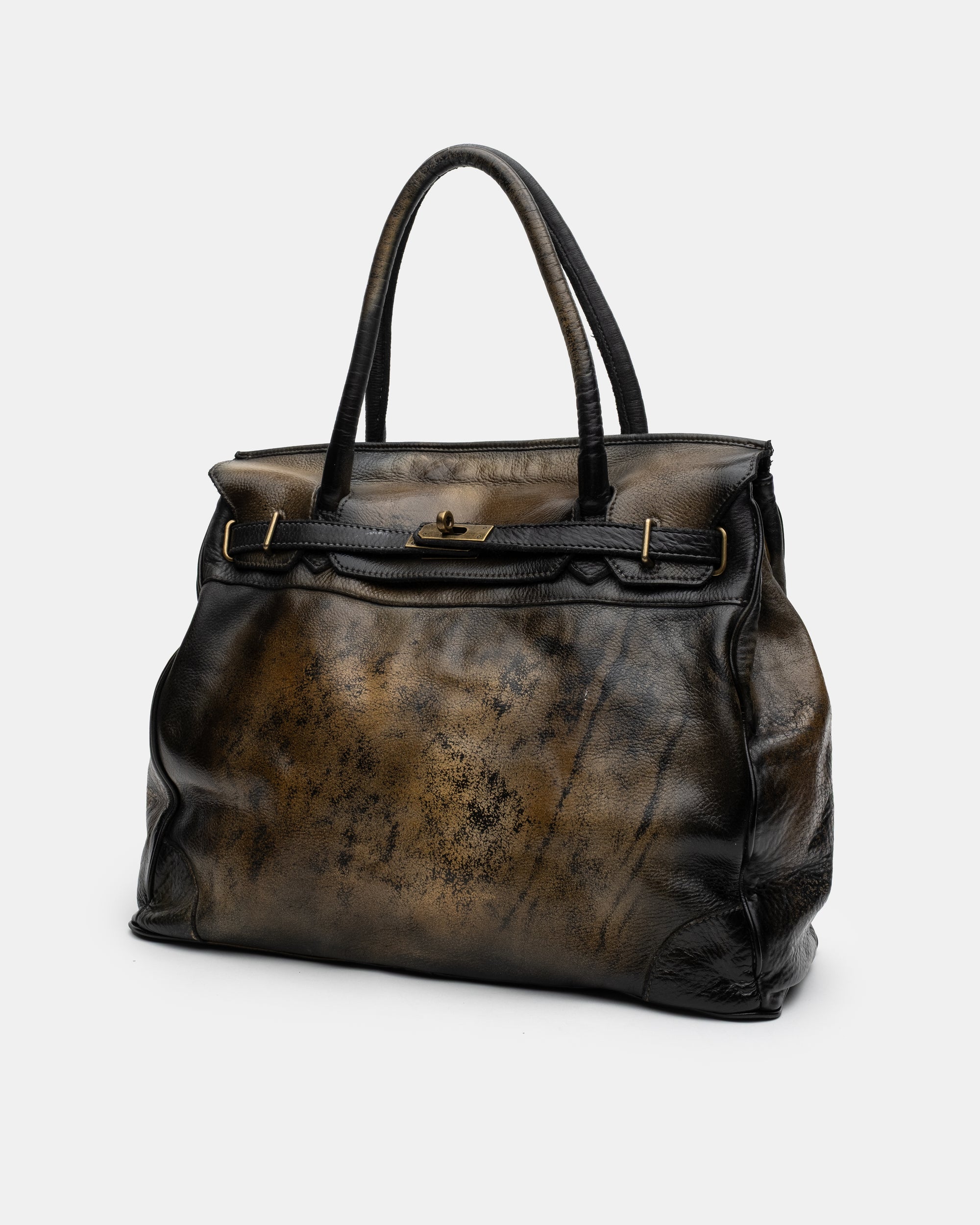Washed Calf Leather Shoulder Bag in Antique Black