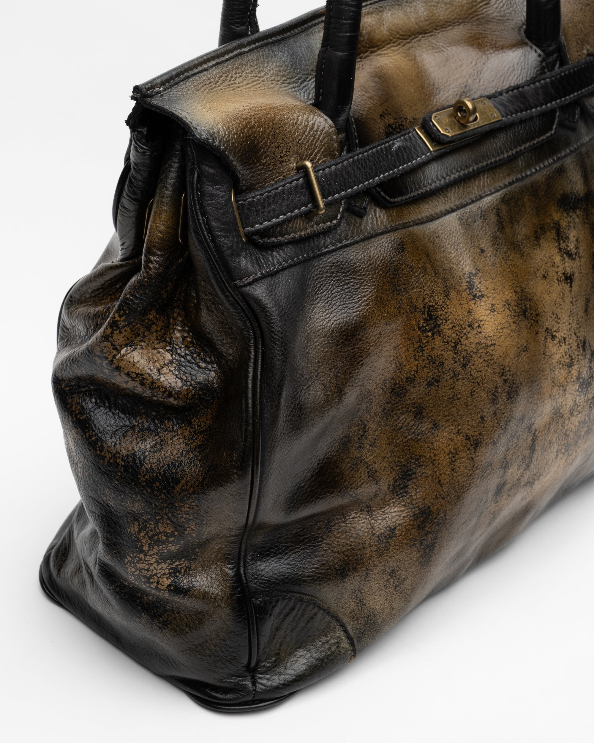 Washed Calf Leather Shoulder Bag in Antique Black