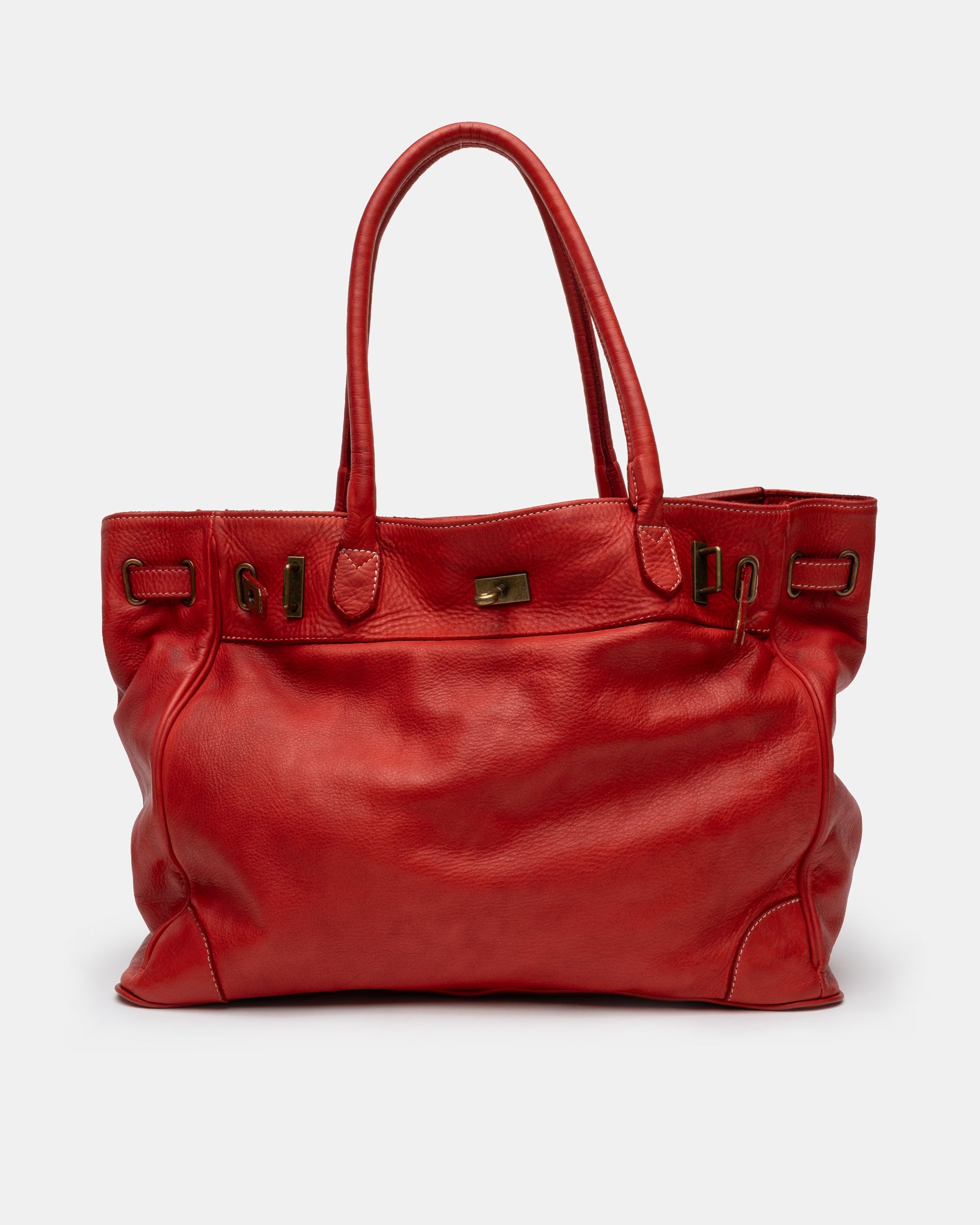 Washed Calf Leather Shoulder Bag in Red