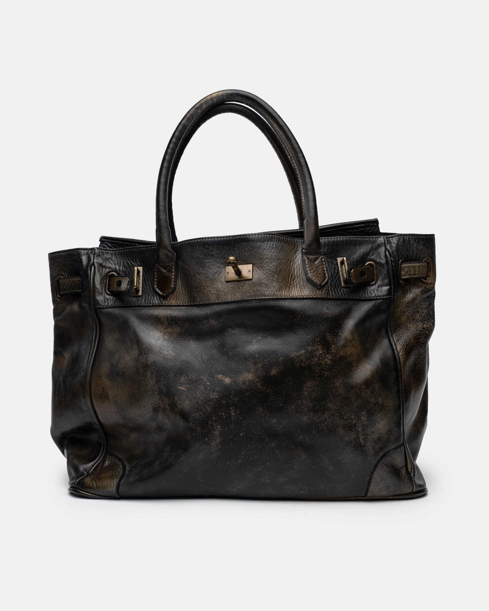 Washed Calf Leather Shoulder Bag in Antique Black