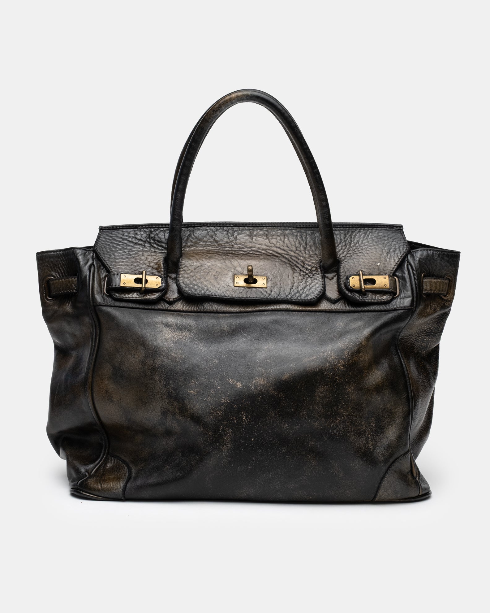 Washed Calf Leather Shoulder Bag in Antique Black