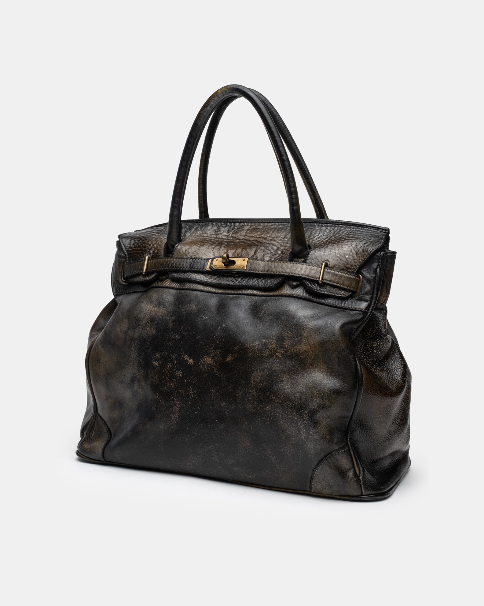 Washed Calf Leather Shoulder Bag in Antique Black