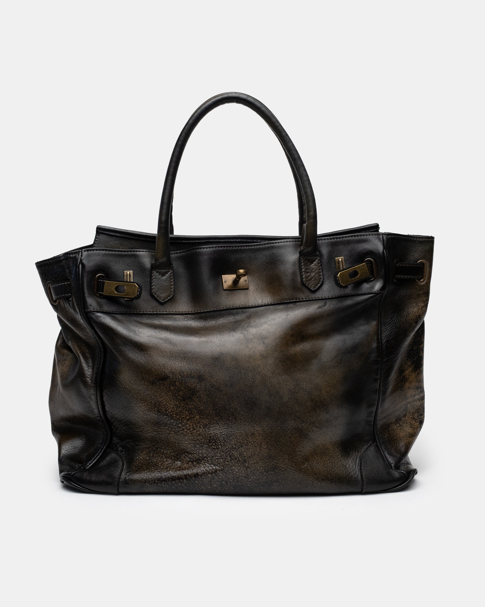 Washed Calf Leather Shoulder Bag in Antique Black