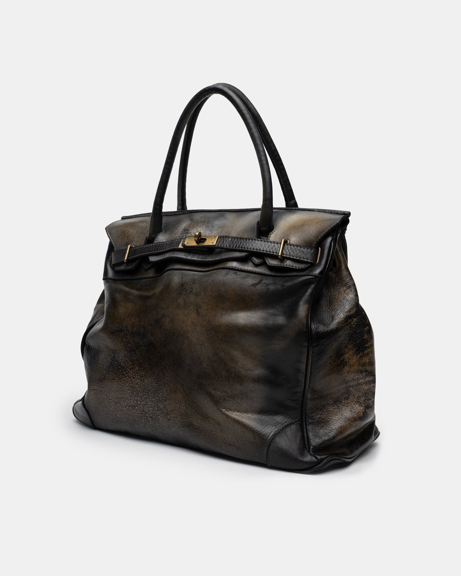 Washed Calf Leather Shoulder Bag in Antique Black