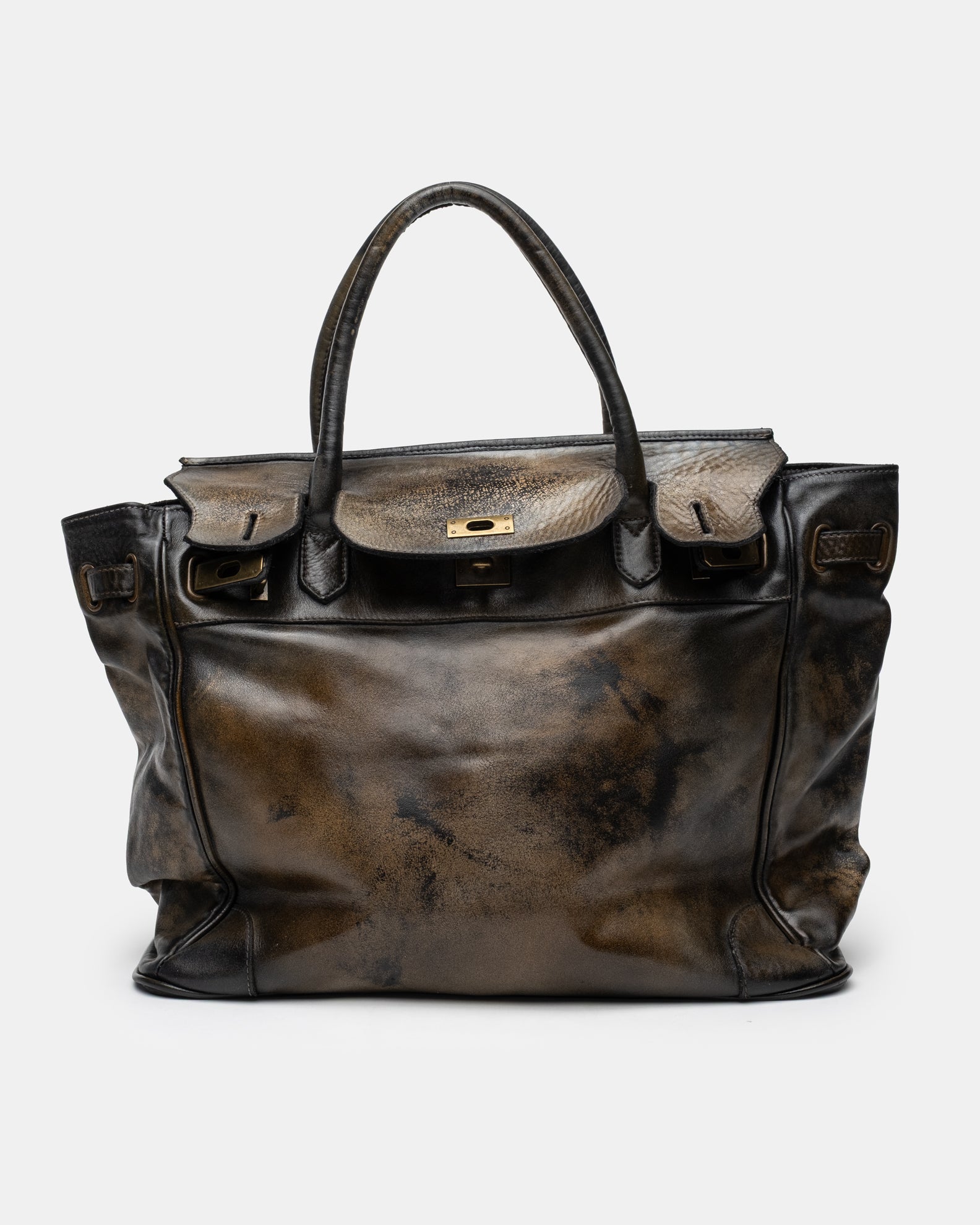 Washed Calf Leather Shoulder Bag in Antique Black