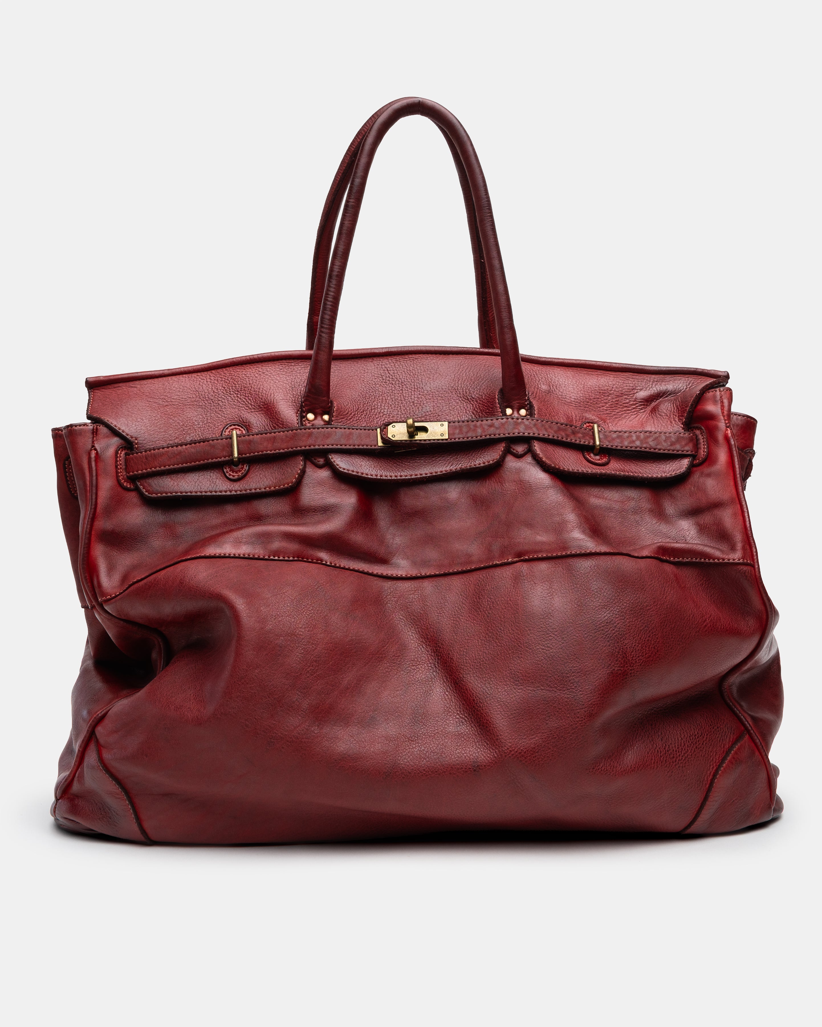 Oversized Slouchy Calf-Leather Travel Tote Bag in Bordeaux