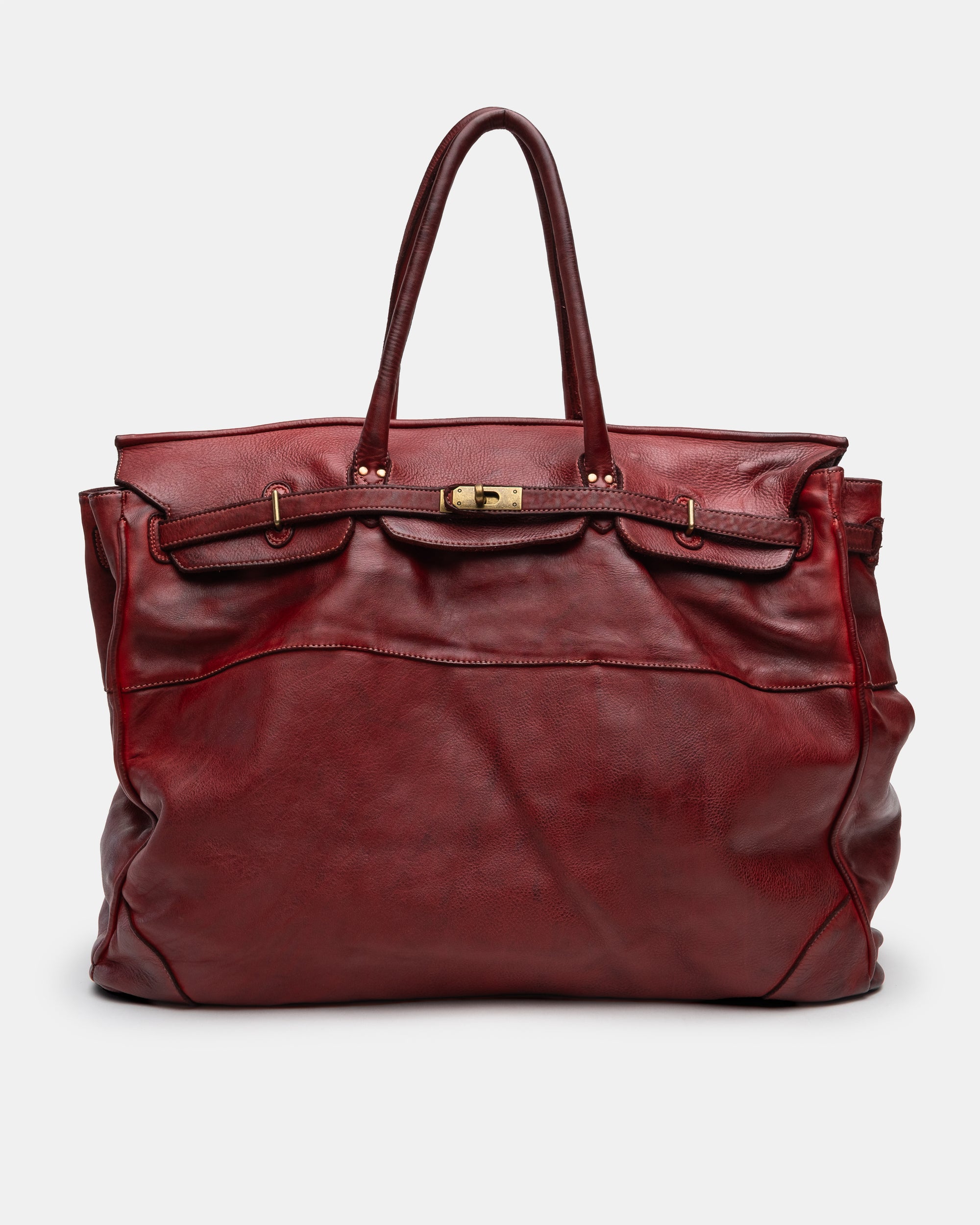 Oversized Slouchy Calf-Leather Travel Tote Bag in Bordeaux
