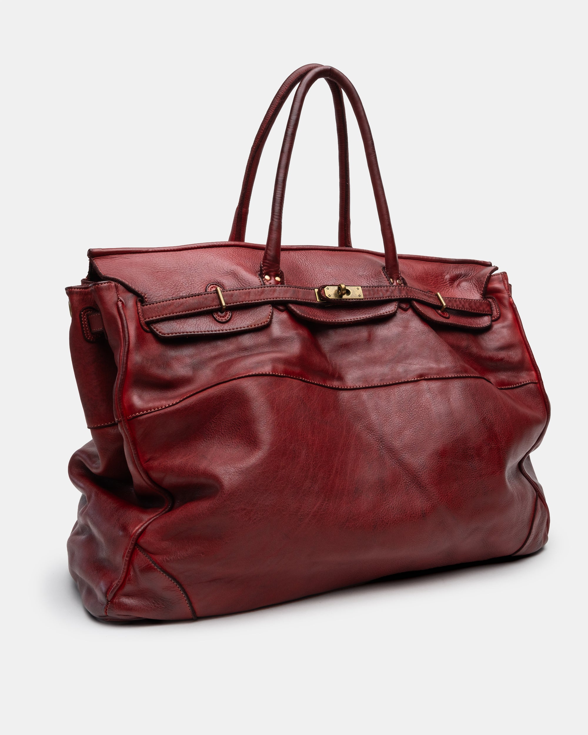 Oversized Slouchy Calf-Leather Travel Tote Bag in Bordeaux