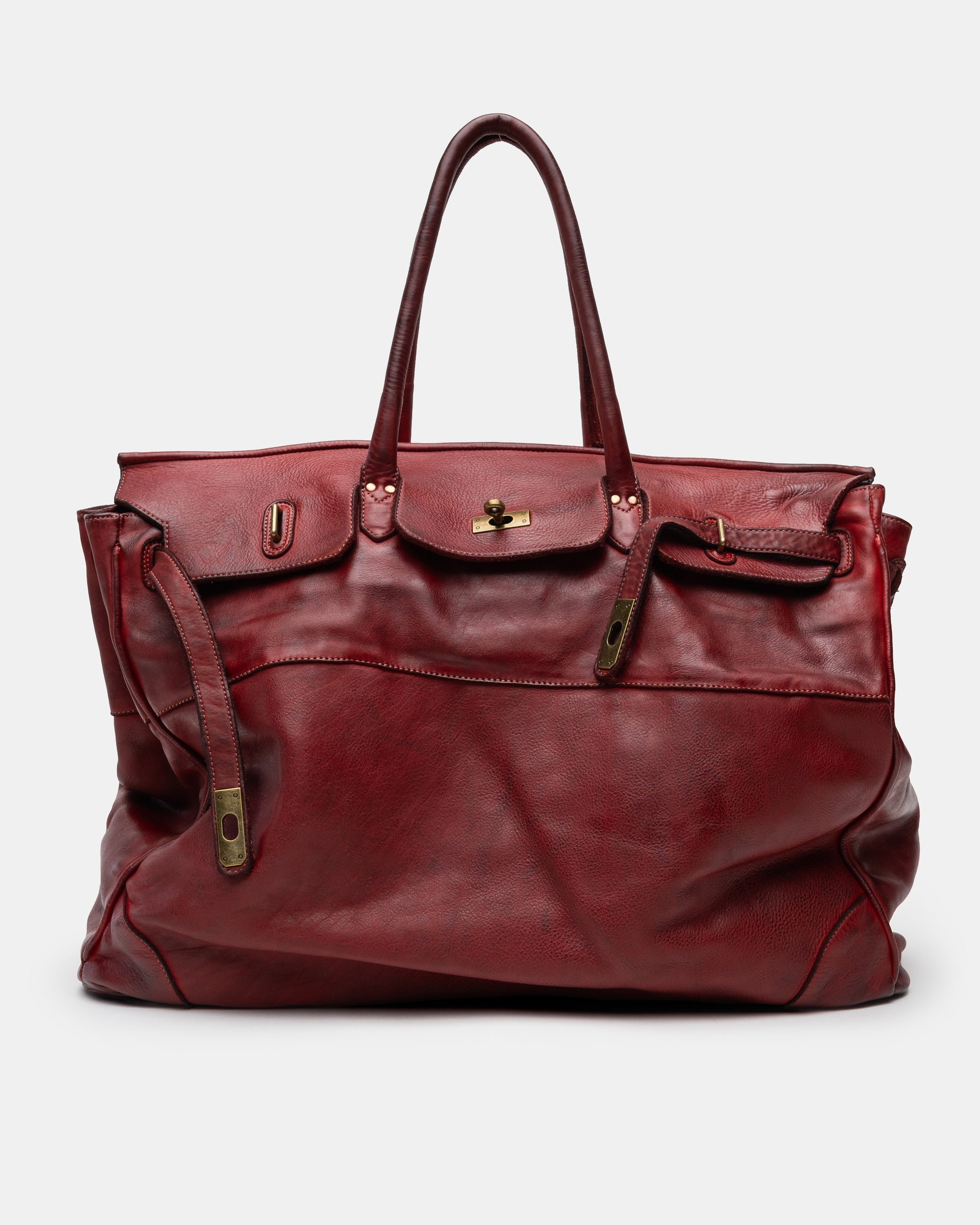 Oversized Slouchy Calf-Leather Travel Tote Bag in Bordeaux