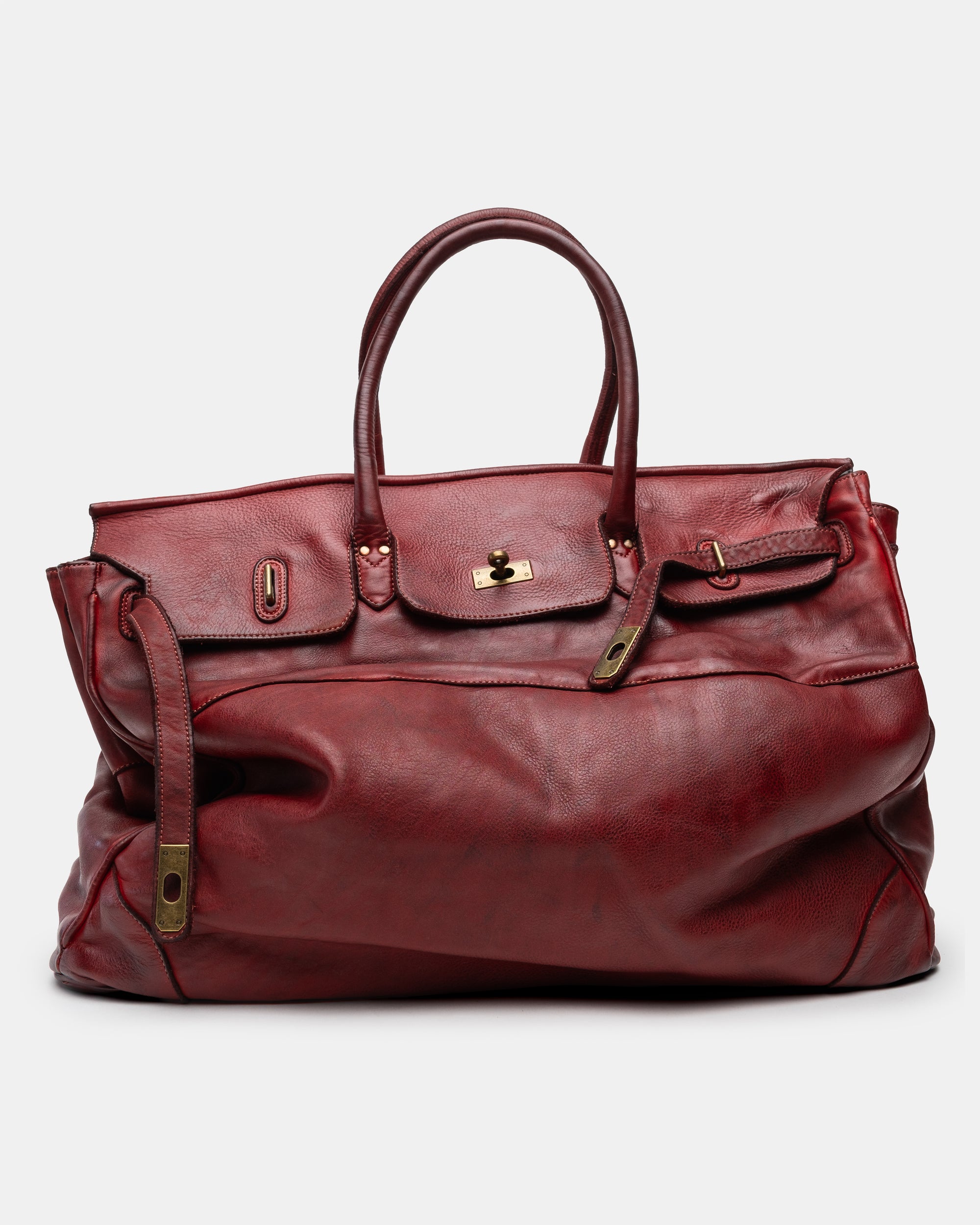 Oversized Slouchy Calf-Leather Travel Tote Bag in Bordeaux