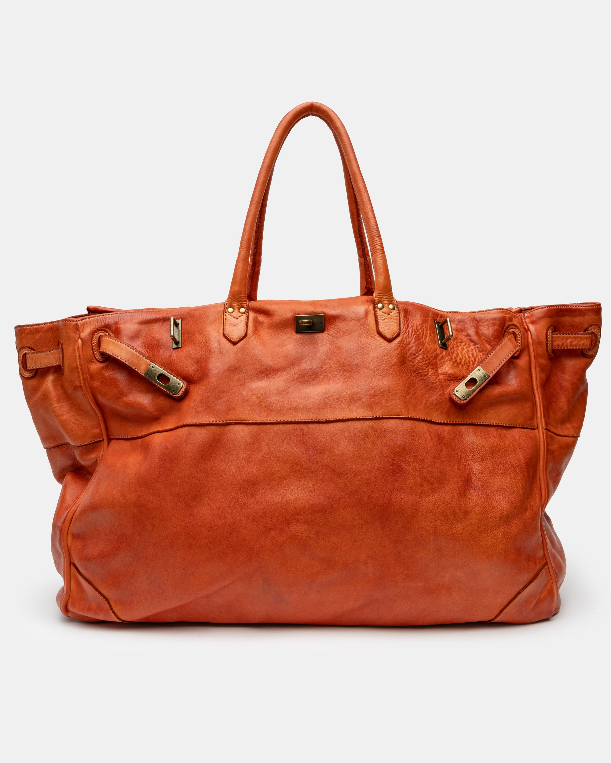 Oversized Slouchy Calf-Leather Travel Tote Bag in Tangerine