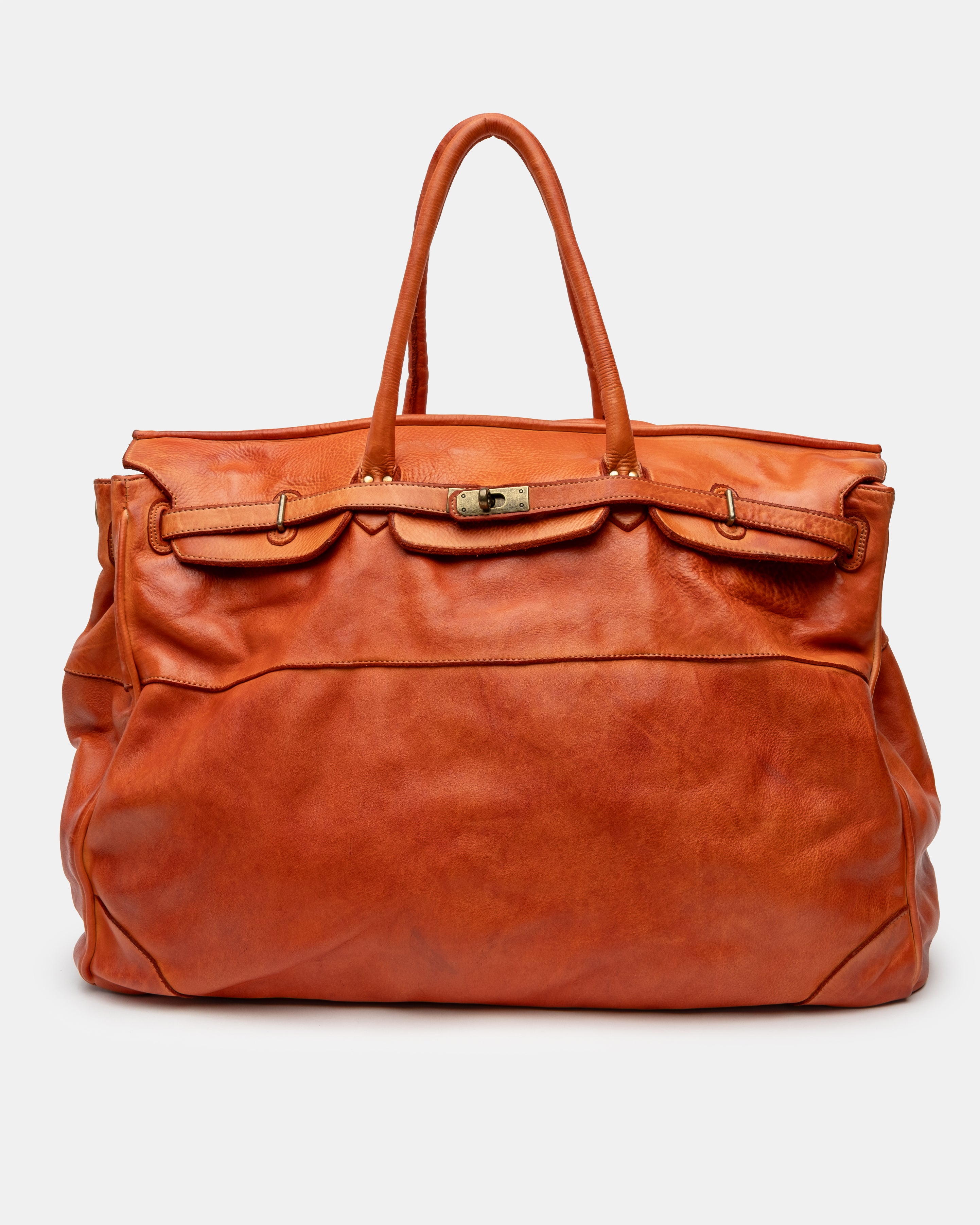 Oversized Slouchy Calf-Leather Travel Tote Bag in Tangerine