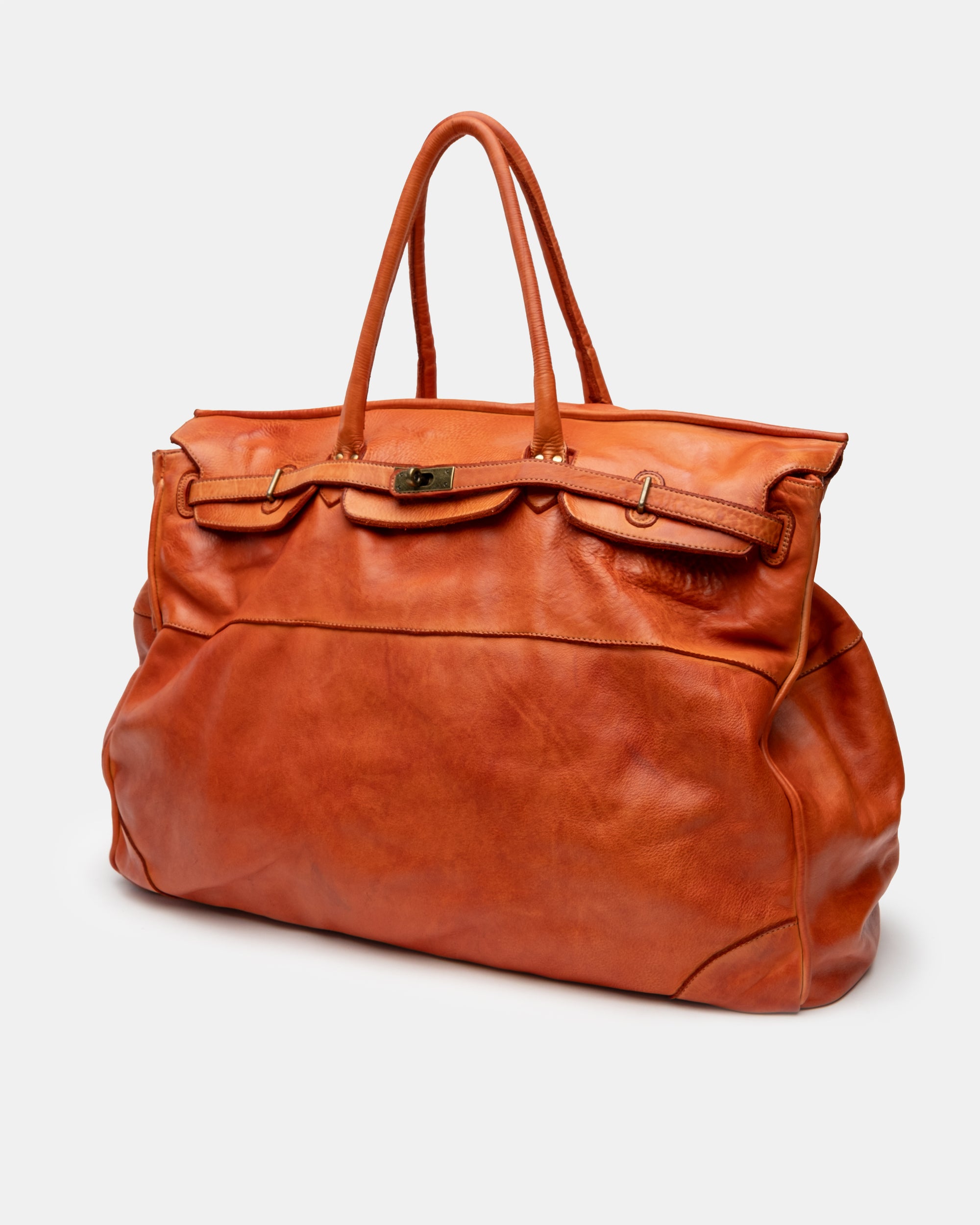 Oversized Slouchy Calf-Leather Travel Tote Bag in Tangerine