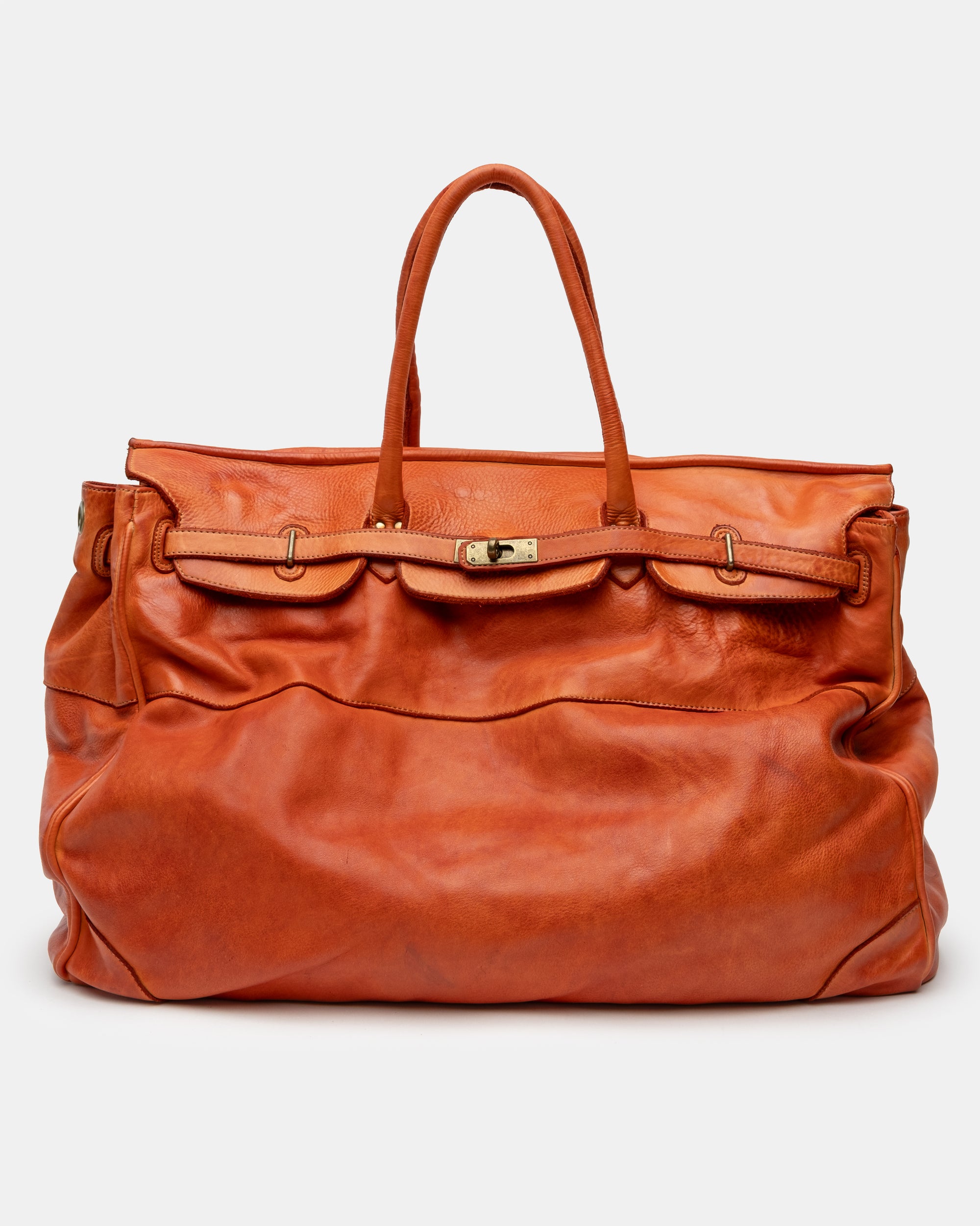 Oversized Slouchy Calf-Leather Travel Tote Bag in Tangerine