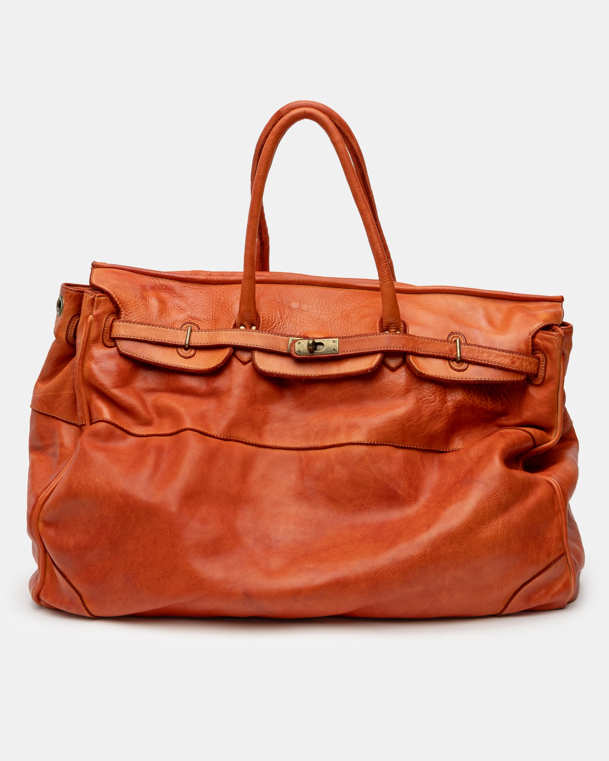 Oversized Slouchy Calf-Leather Travel Tote Bag in Tangerine