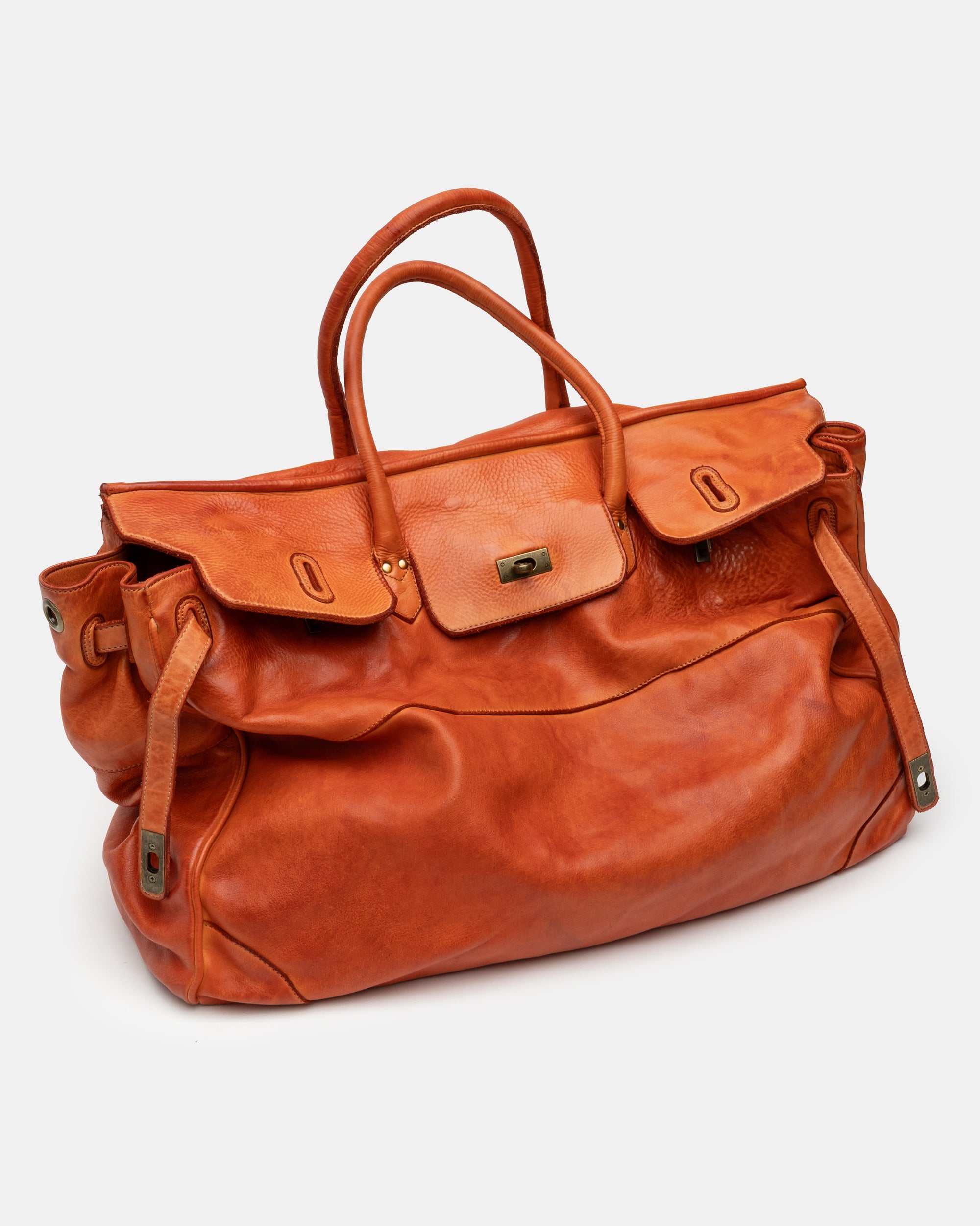 Oversized Slouchy Calf-Leather Travel Tote Bag in Tangerine