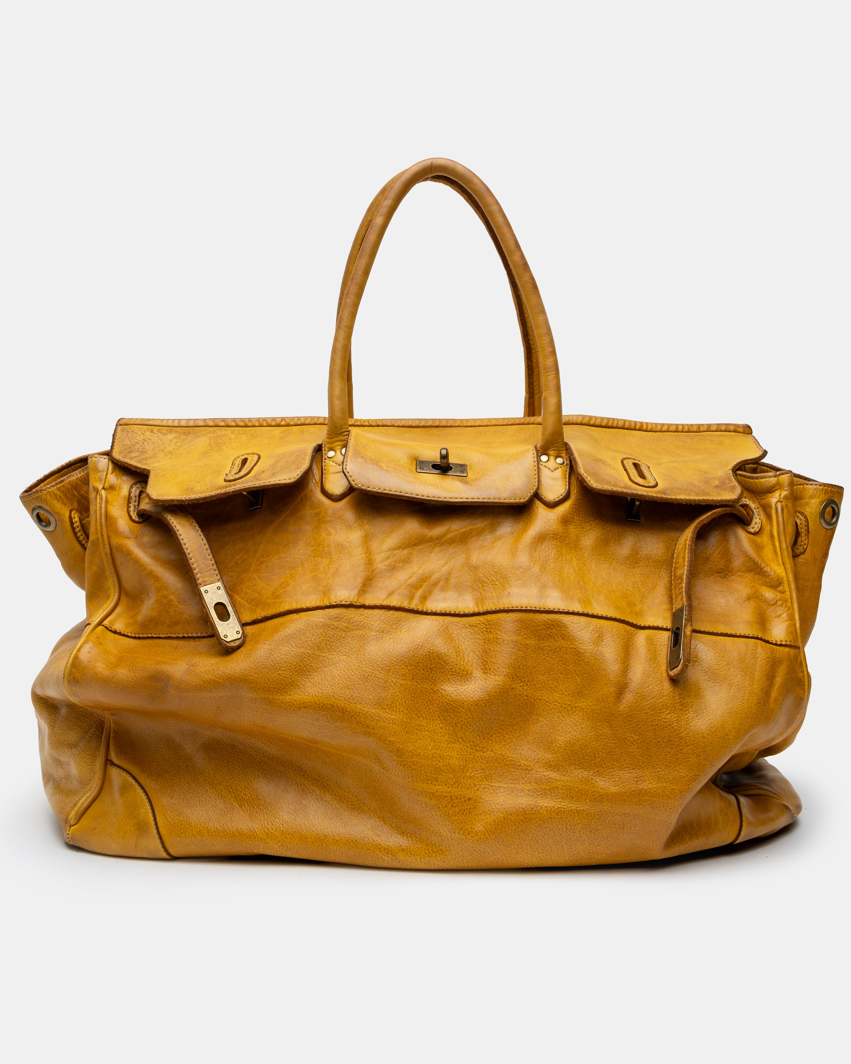 Oversized Slouchy Calf-Leather Travel Tote Bag in Mustard