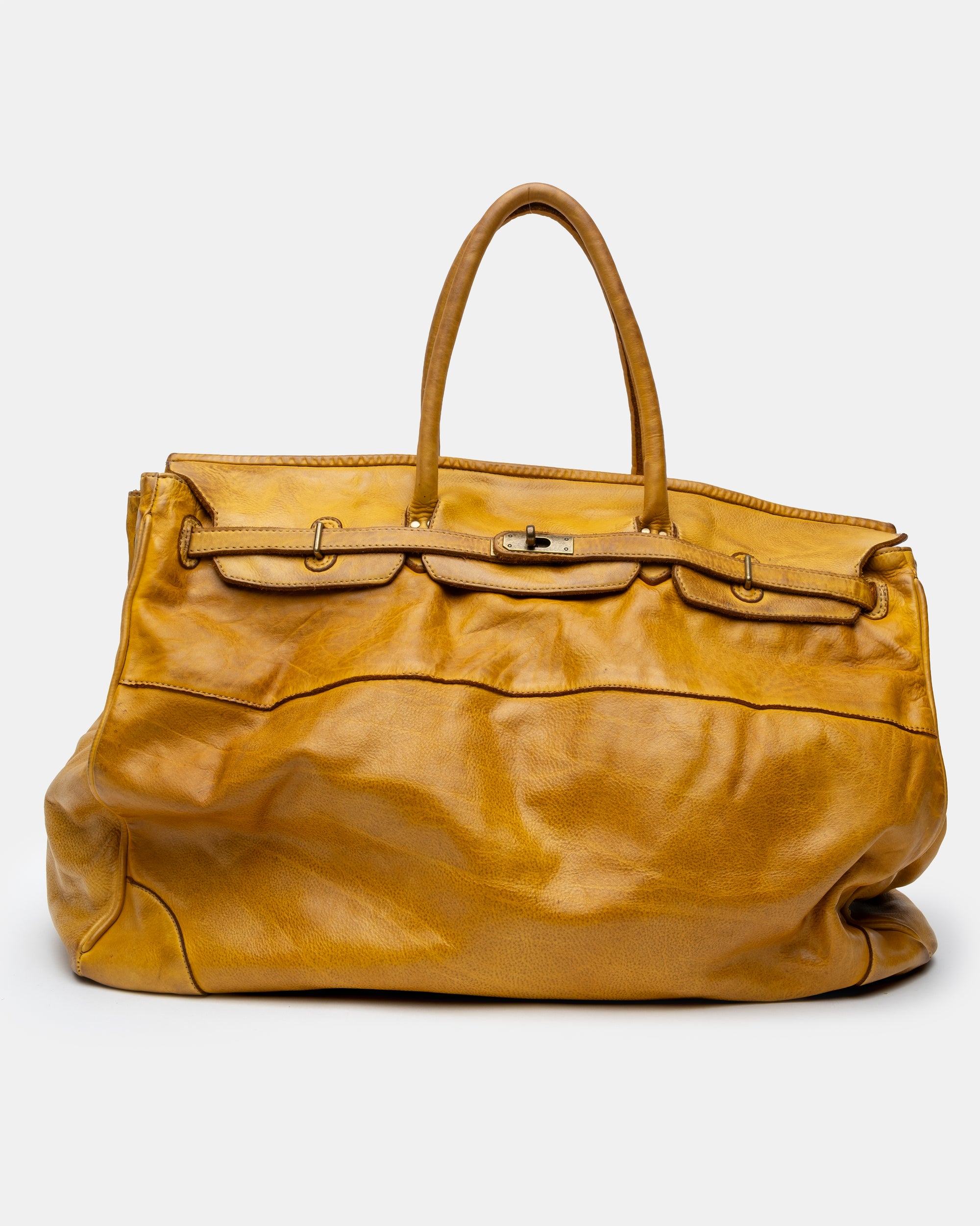 Oversized Slouchy Calf-Leather Travel Tote Bag in Mustard