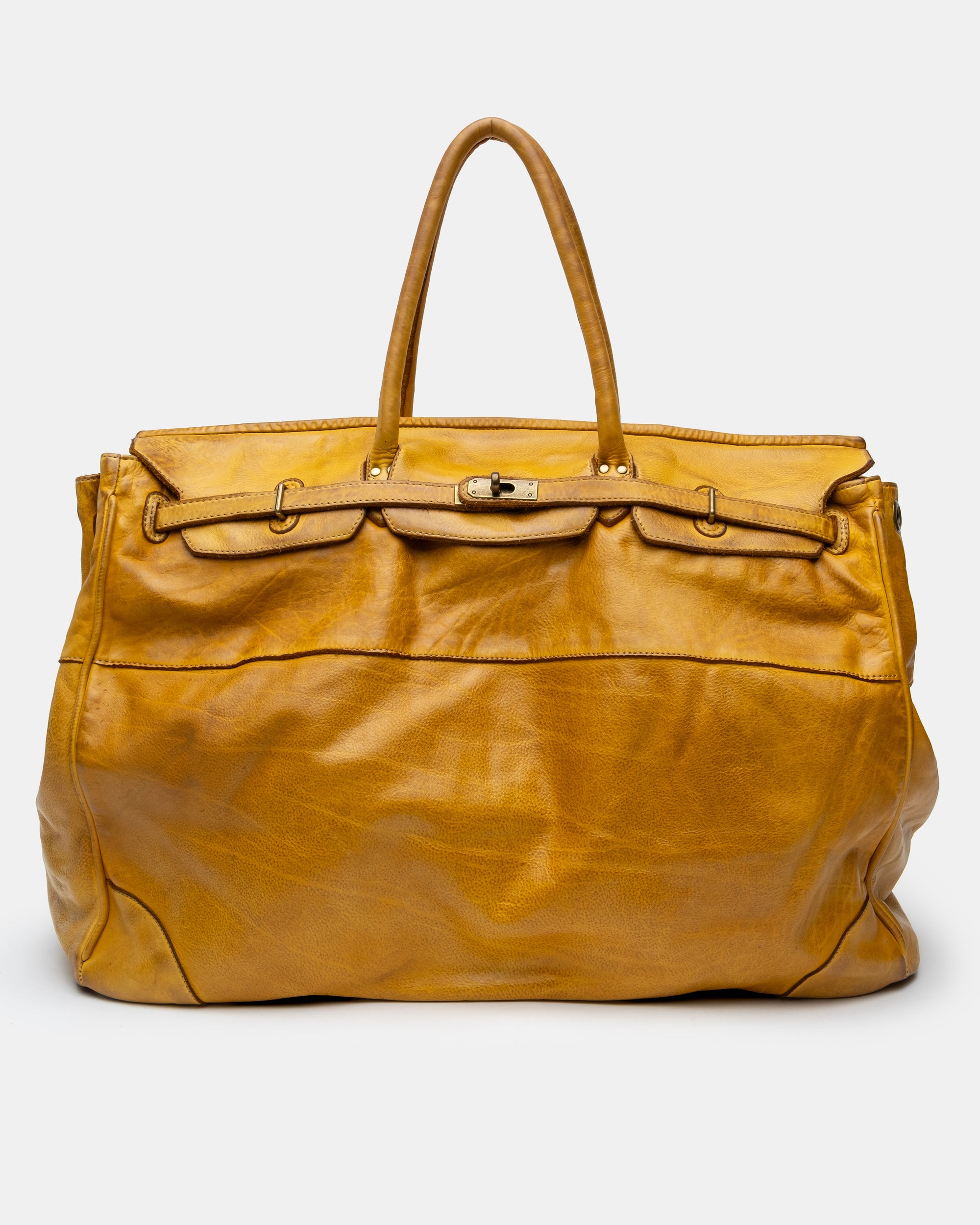 Oversized Slouchy Calf-Leather Travel Tote Bag in Mustard
