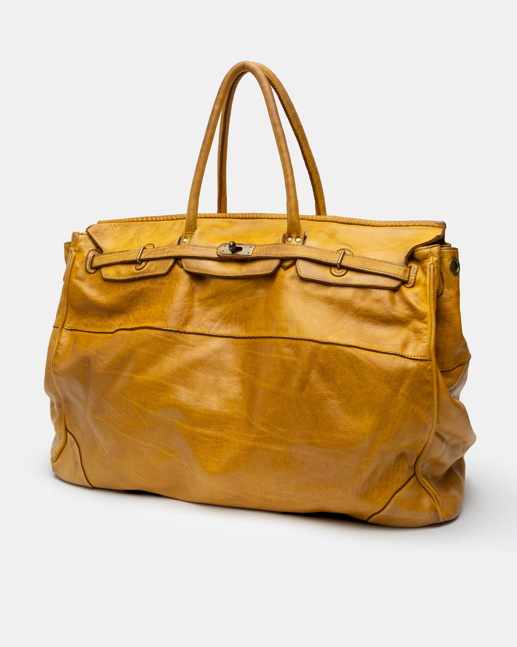 Oversized Slouchy Calf-Leather Travel Tote Bag in Mustard