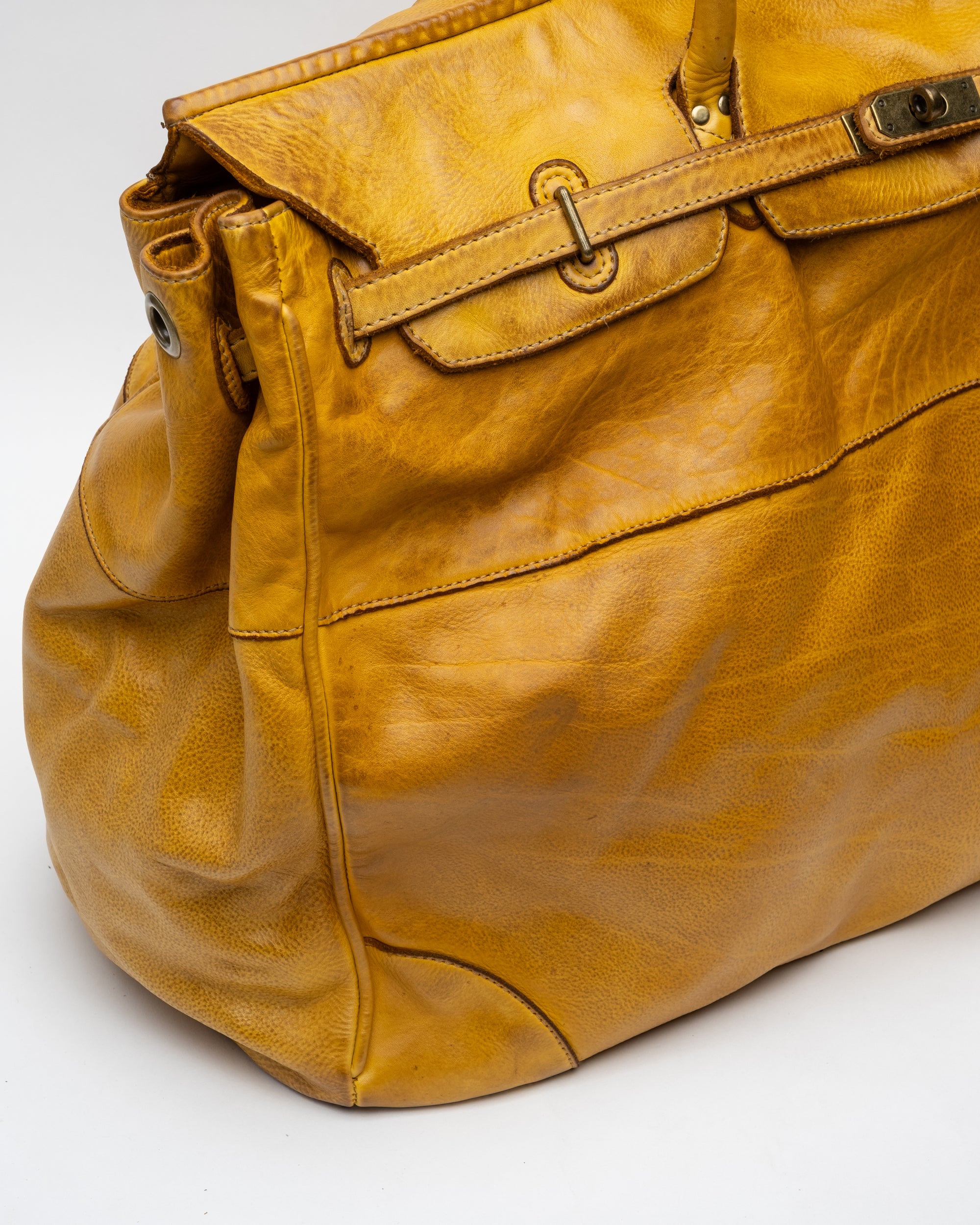 Oversized Slouchy Calf-Leather Travel Tote Bag in Mustard