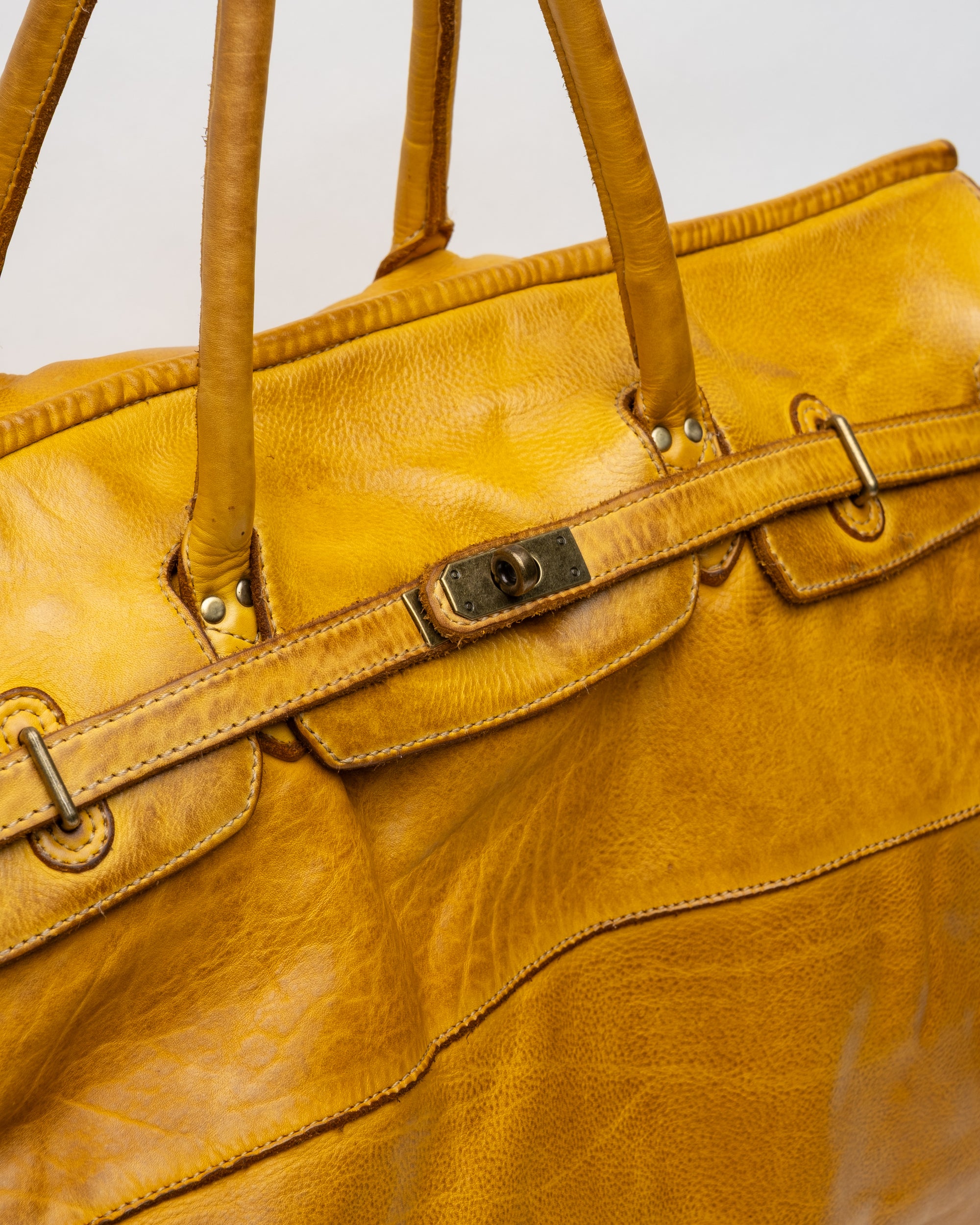 Oversized Slouchy Calf-Leather Travel Tote Bag in Mustard