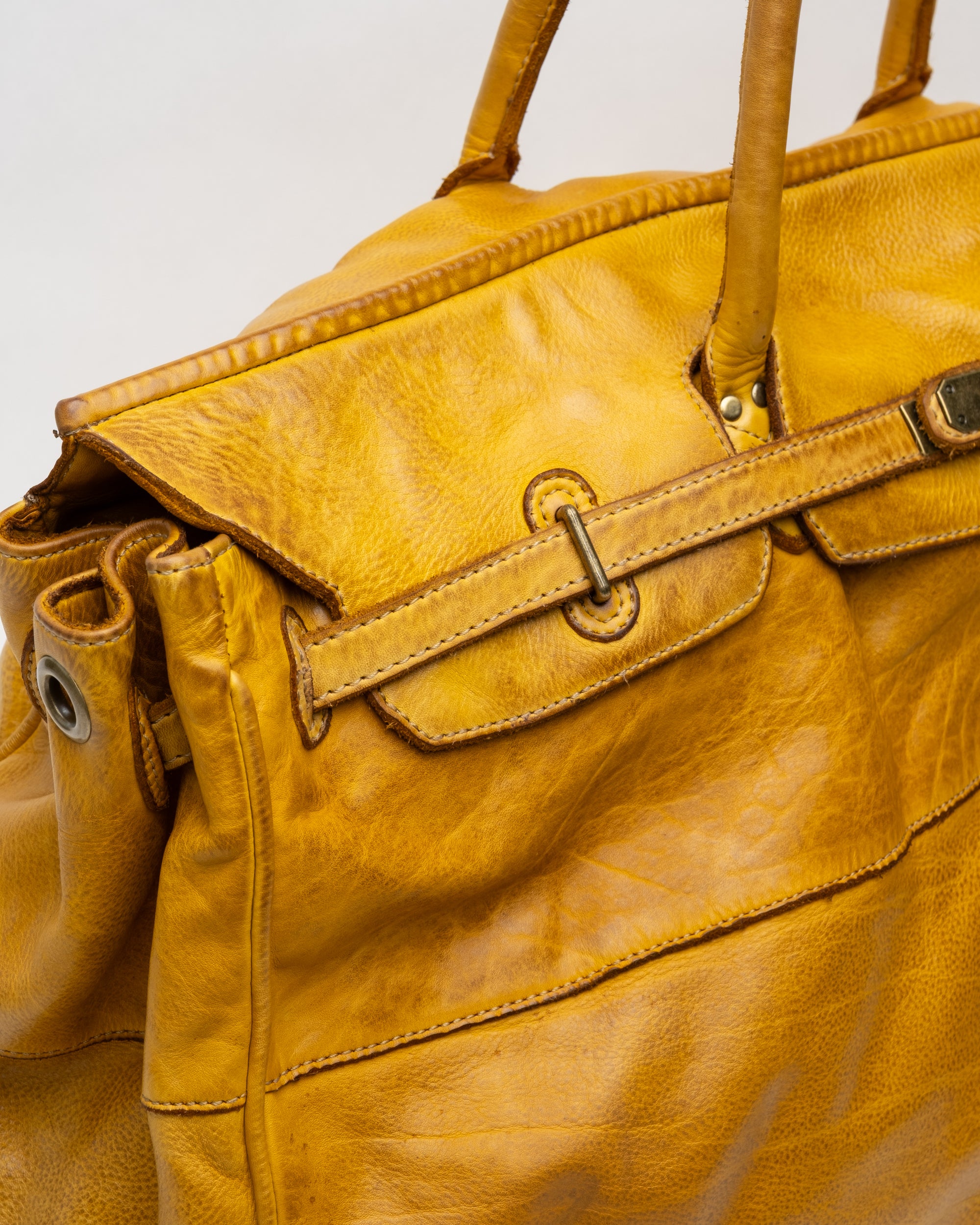 Oversized Slouchy Calf-Leather Travel Tote Bag in Mustard