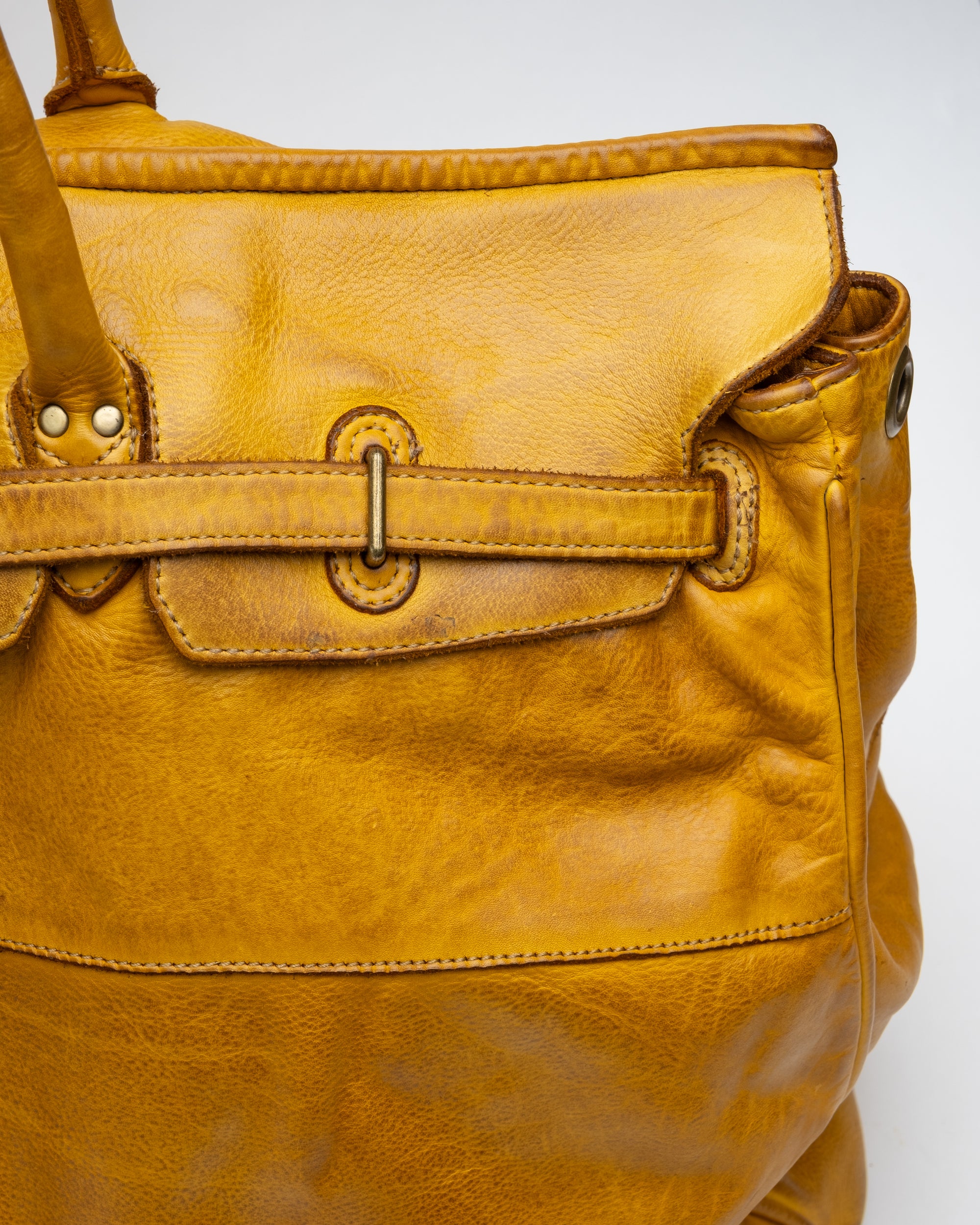 Oversized Slouchy Calf-Leather Travel Tote Bag in Mustard