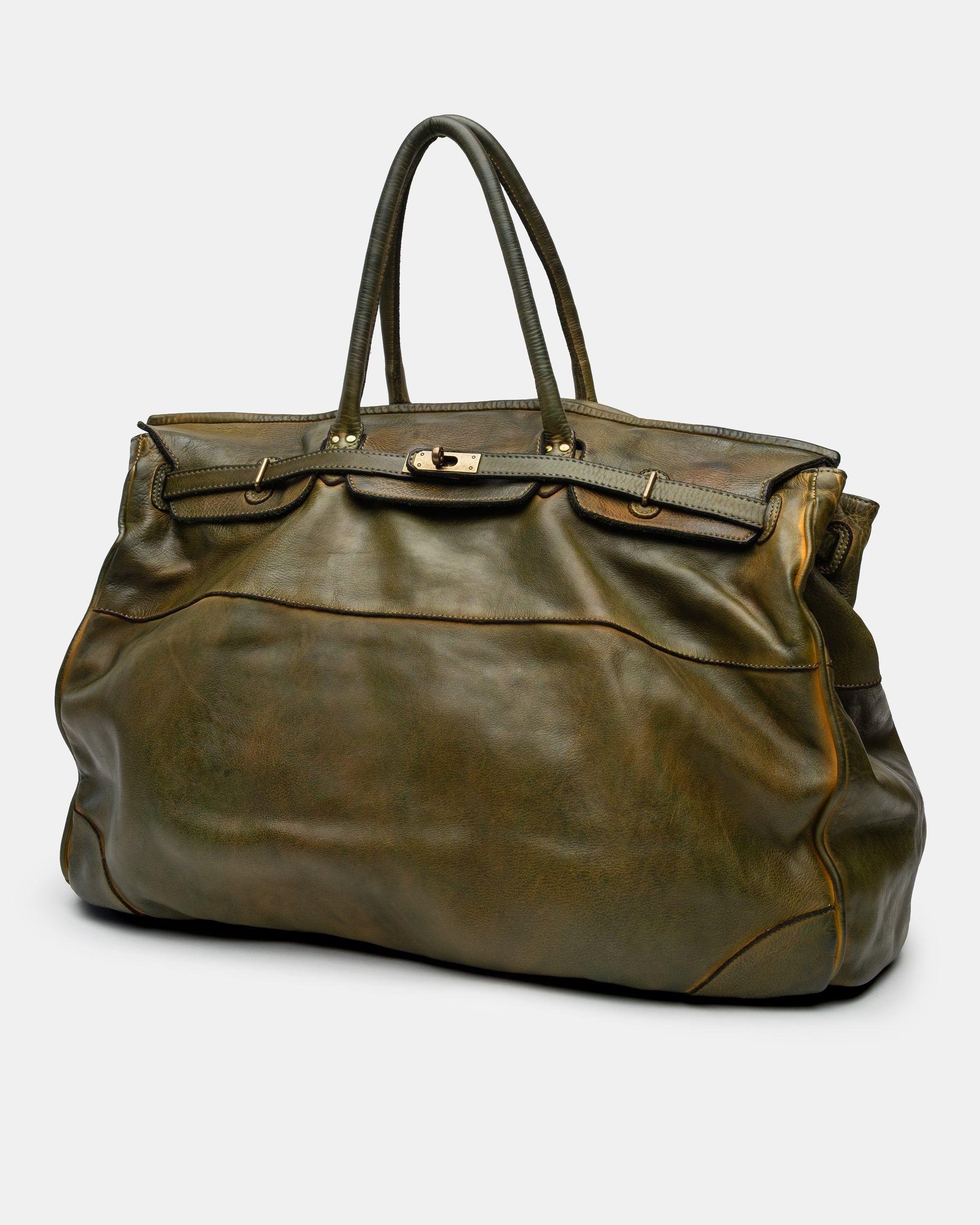 Oversized Slouchy Calf-Leather Travel Tote Bag in Khaki
