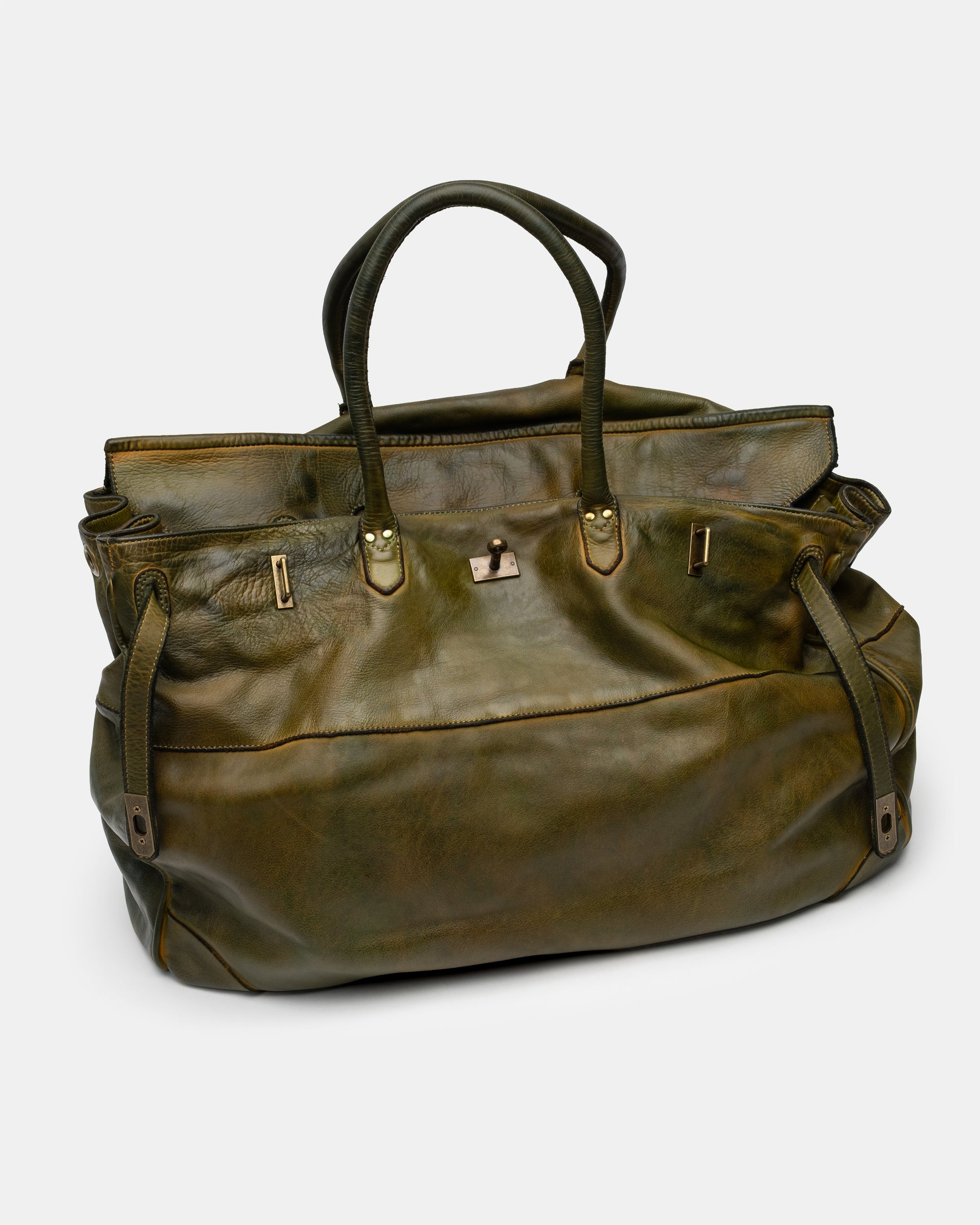 Oversized Slouchy Calf-Leather Travel Tote Bag in Khaki