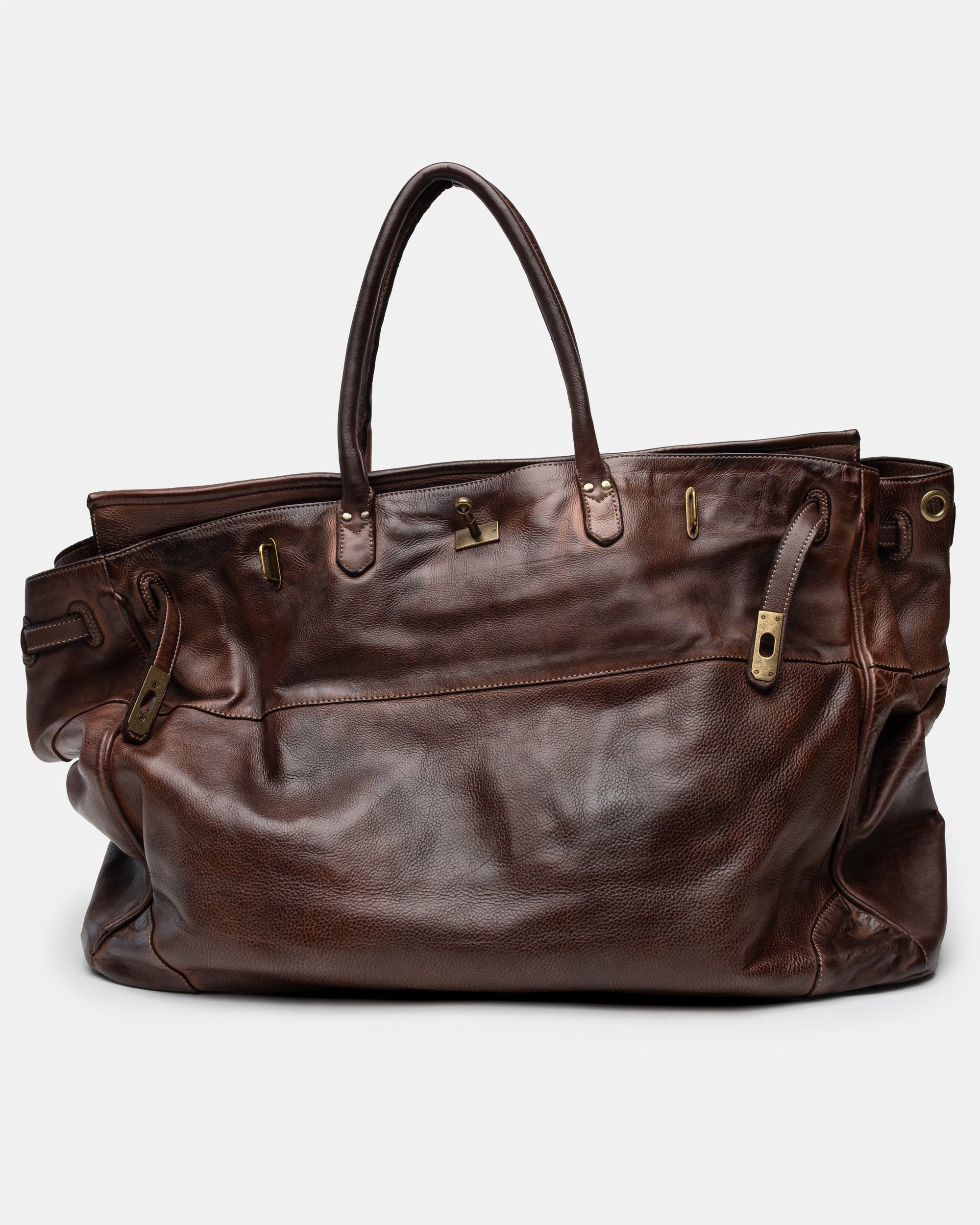 Oversized Slouchy Calf-Leather Travel Tote Bag in Brown