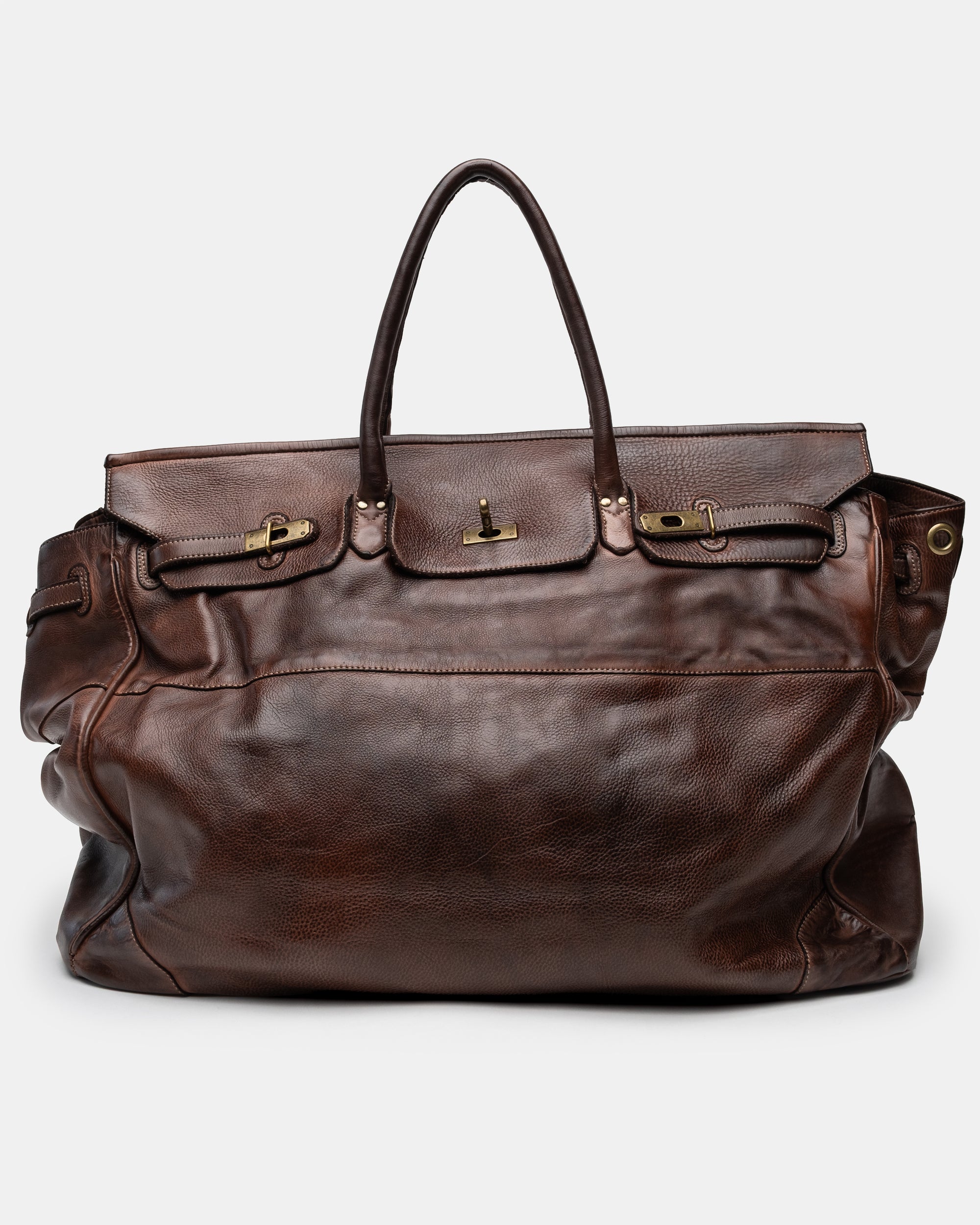 Oversized Slouchy Calf-Leather Travel Tote Bag in Brown