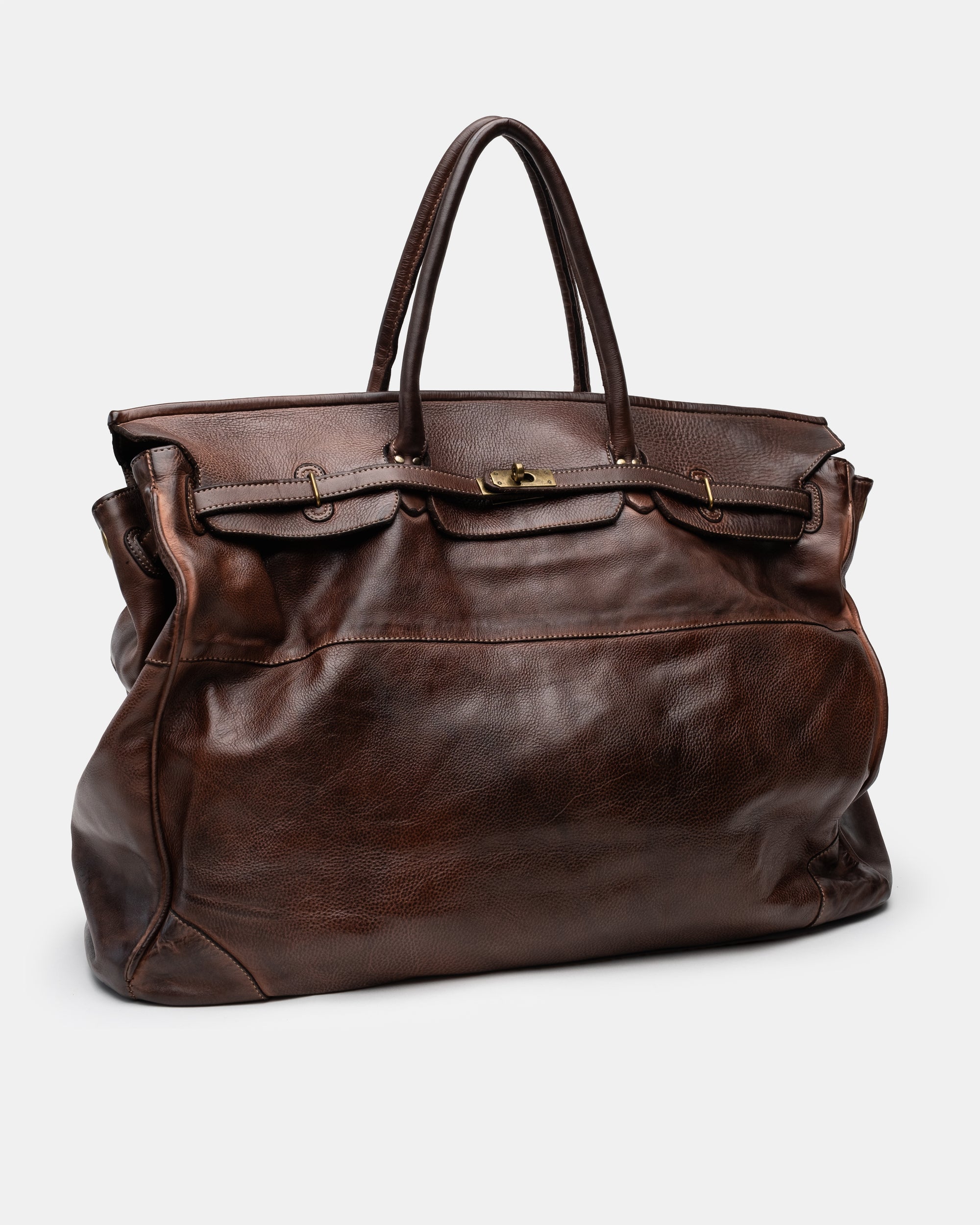 Oversized Slouchy Calf-Leather Travel Tote Bag in Brown