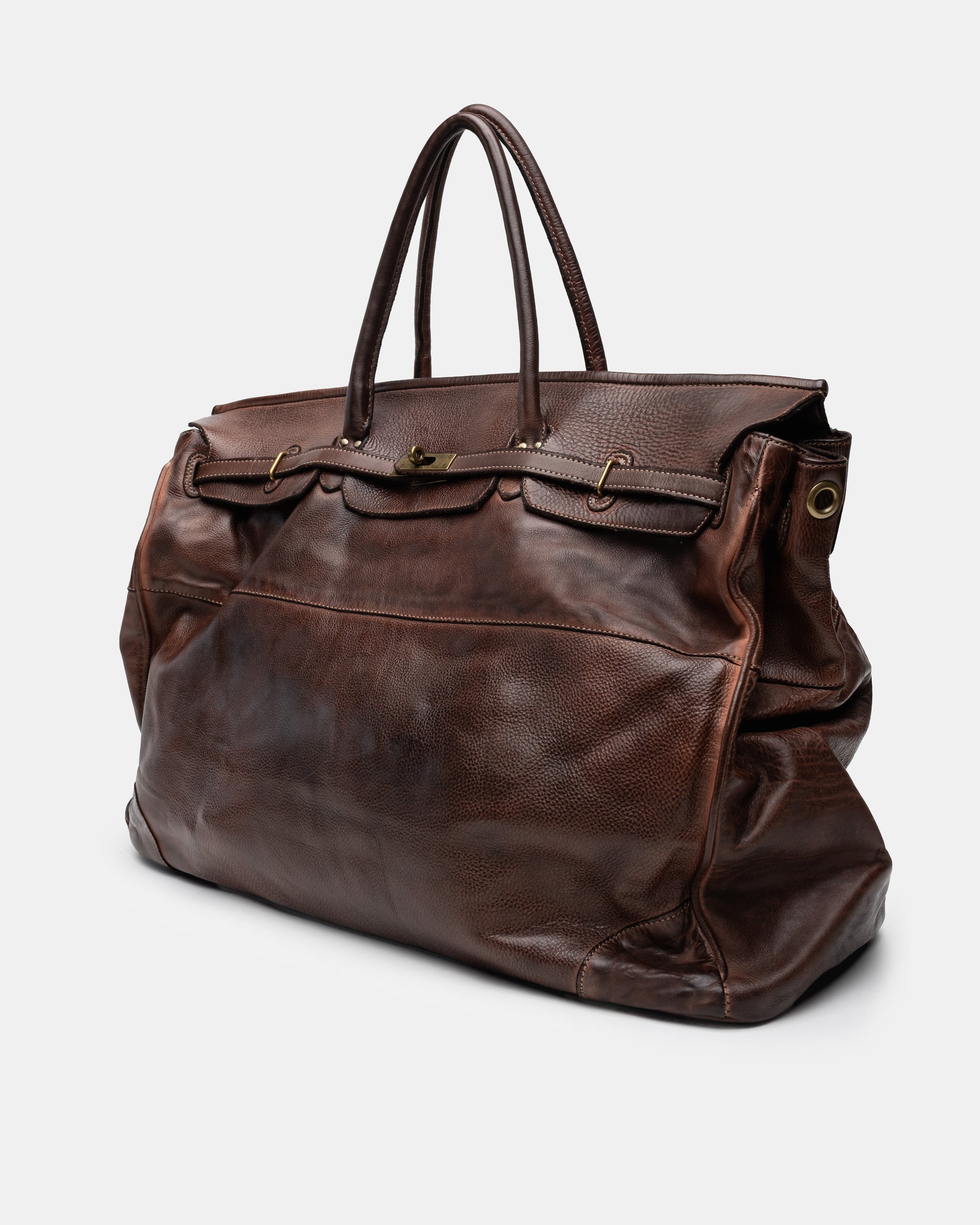 Oversized Slouchy Calf-Leather Travel Tote Bag in Brown