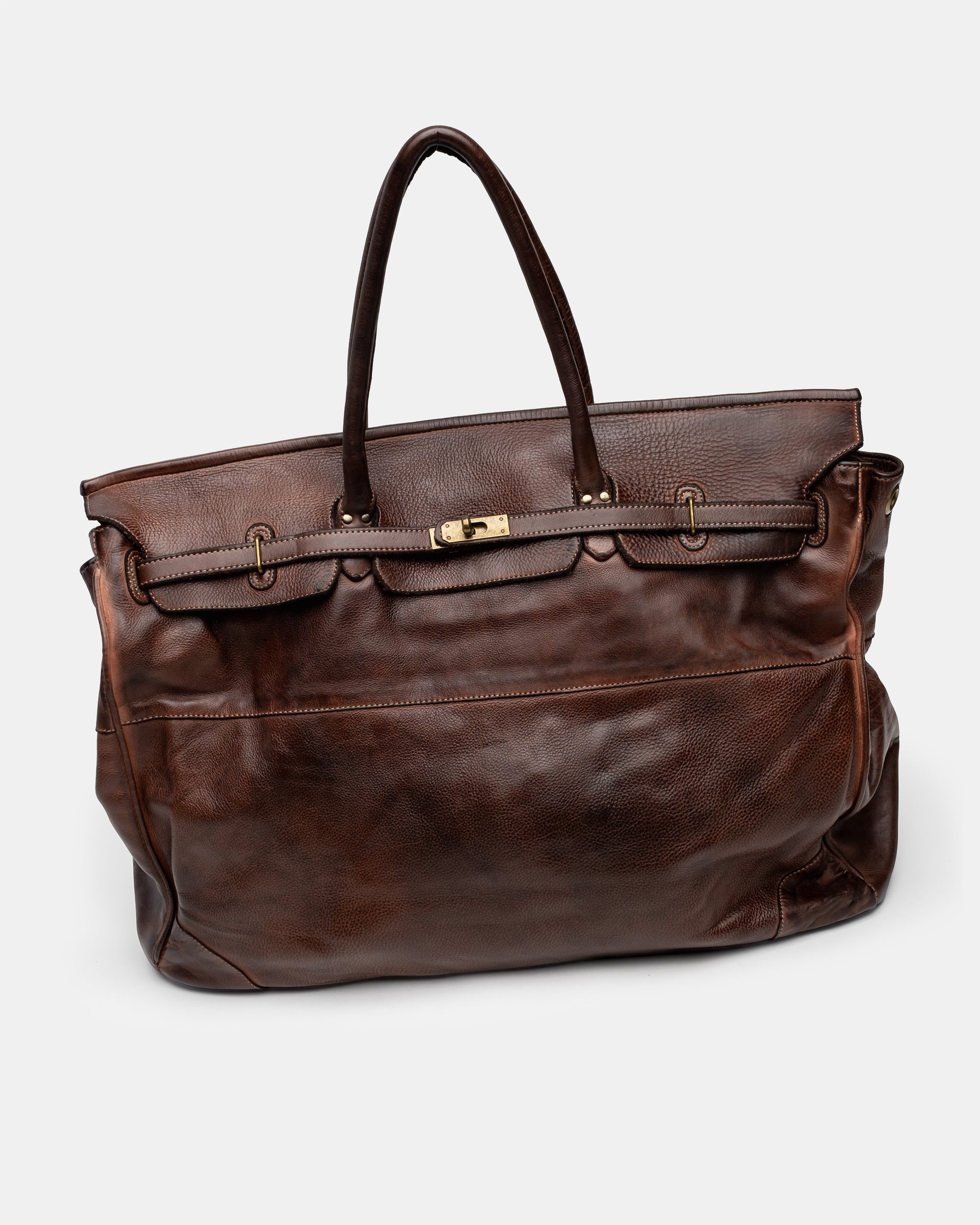 Oversized Slouchy Calf-Leather Travel Tote Bag in Brown
