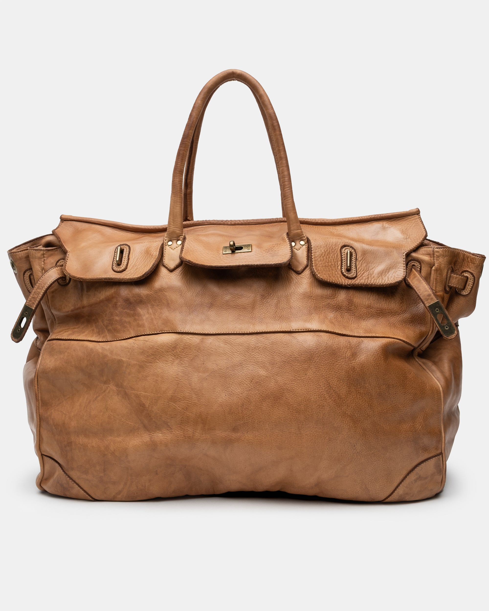 Oversized Slouchy Calf-Leather Travel Tote Bag in Caramel