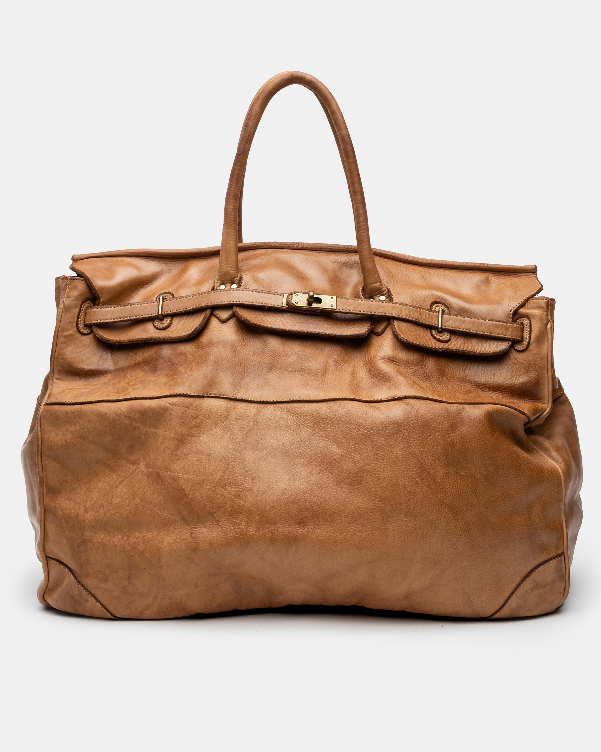 Oversized Slouchy Calf-Leather Travel Tote Bag in Caramel
