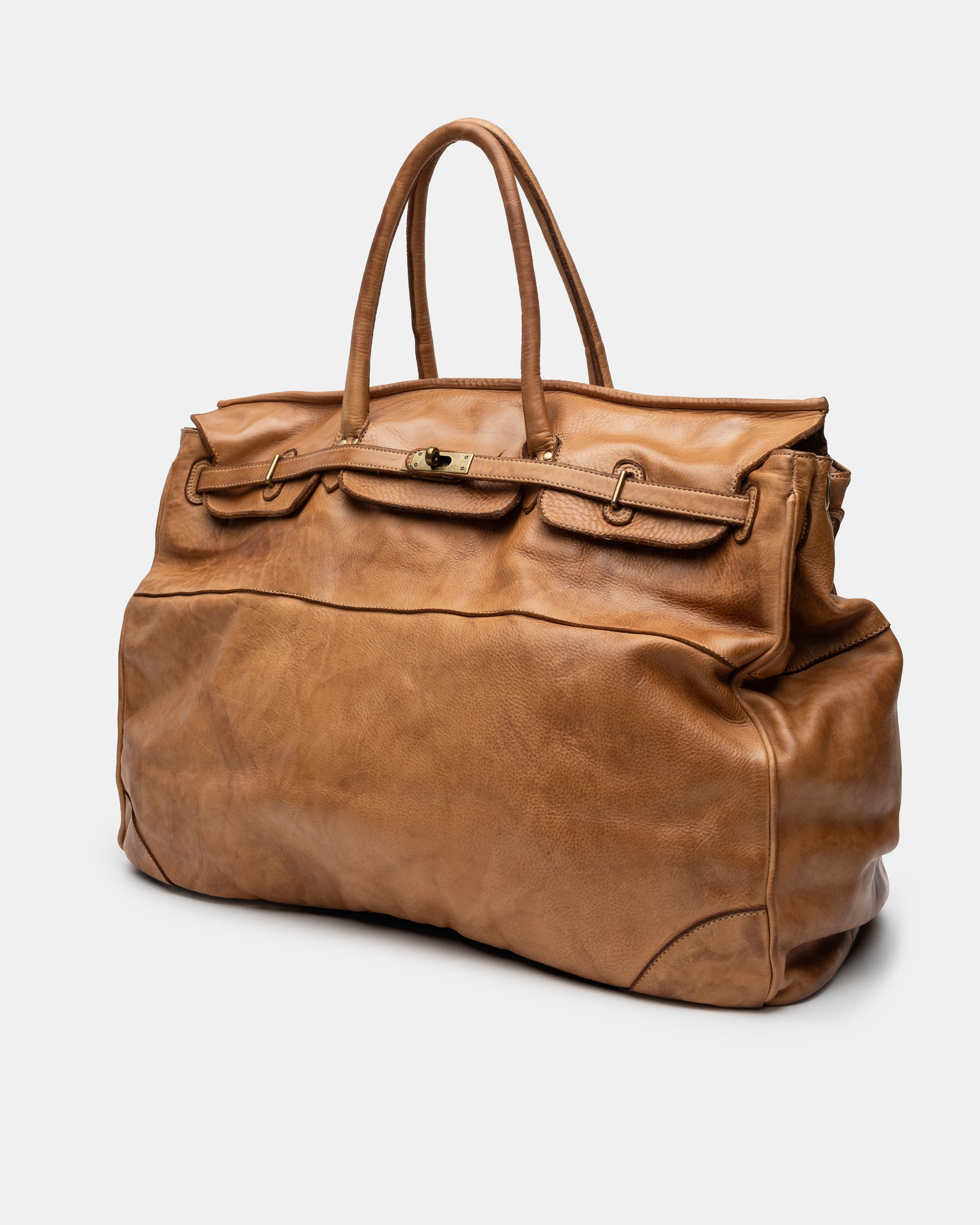 Oversized Slouchy Calf-Leather Travel Tote Bag in Caramel