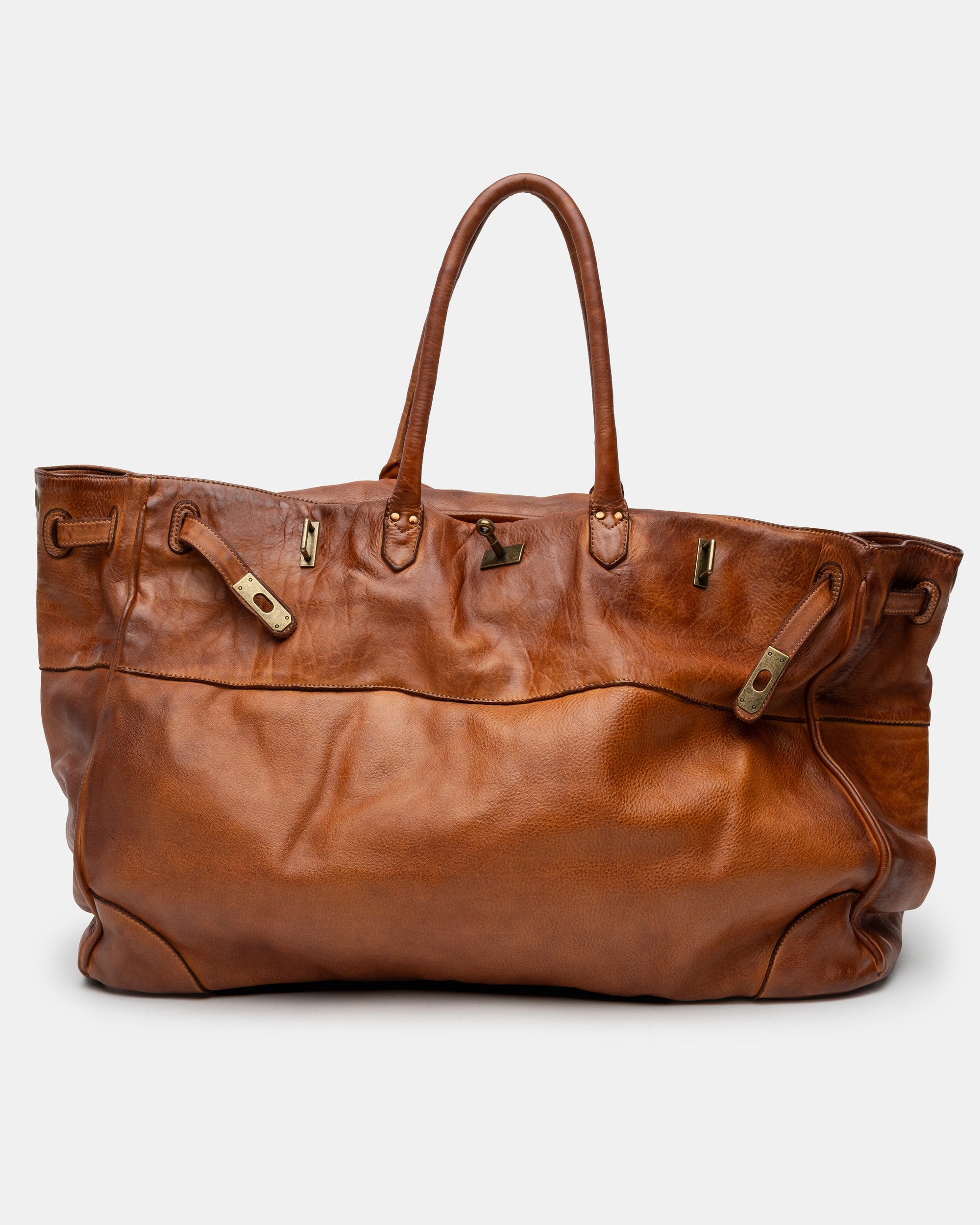 Oversized Slouchy Calf-Leather Travel Tote Bag in Cognac