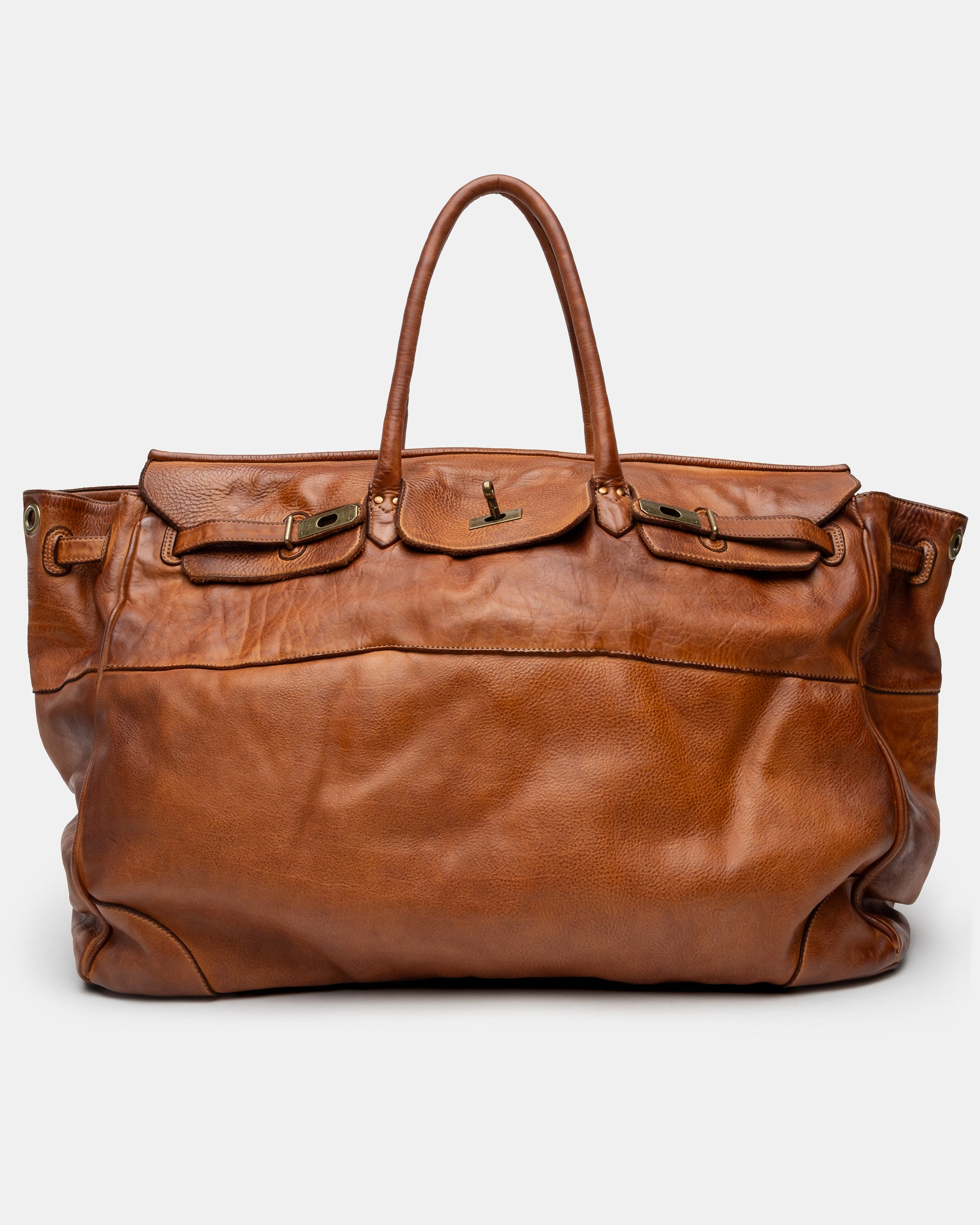 Oversized Slouchy Calf-Leather Travel Tote Bag in Cognac