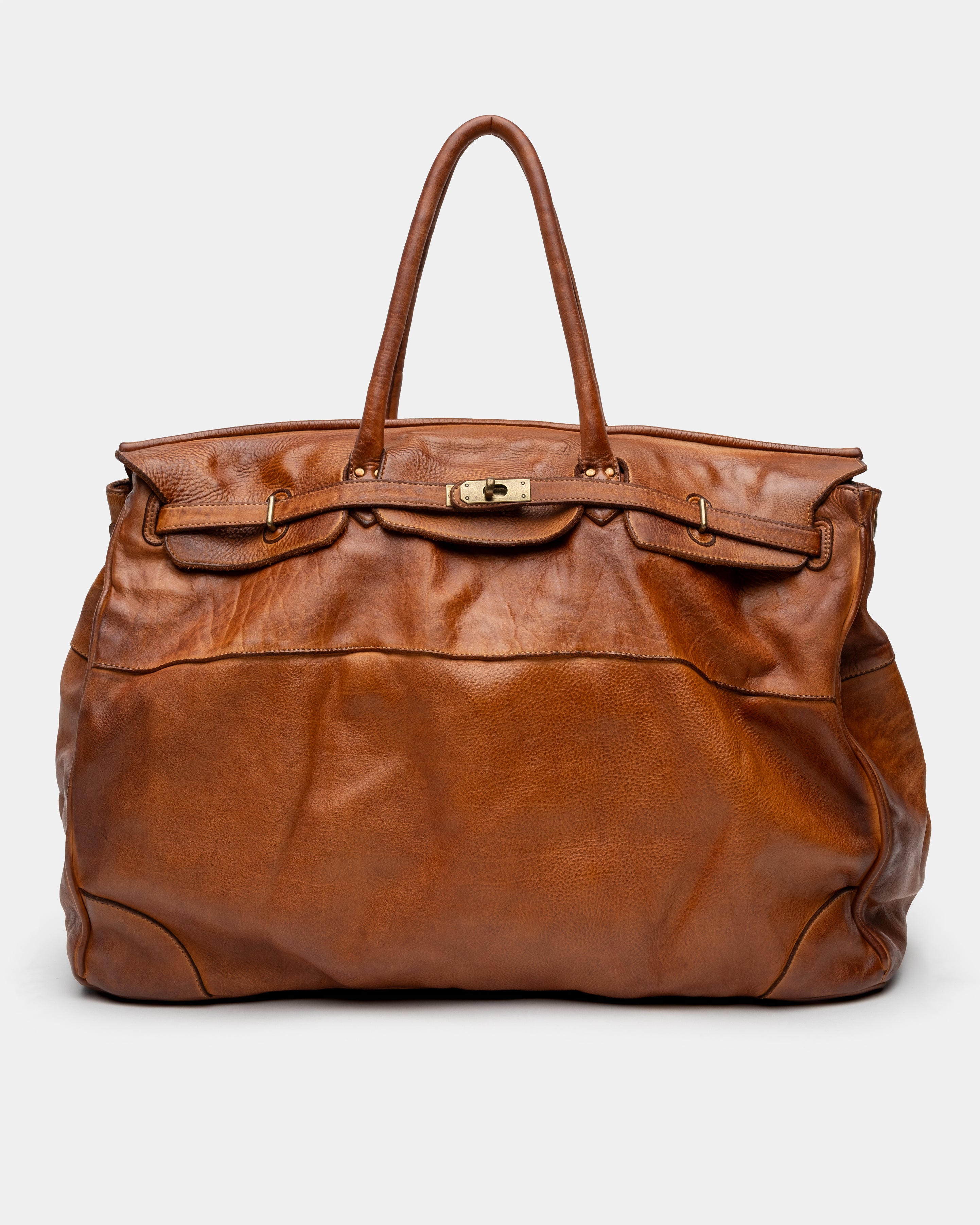 Oversized Slouchy Calf-Leather Travel Tote Bag in Cognac
