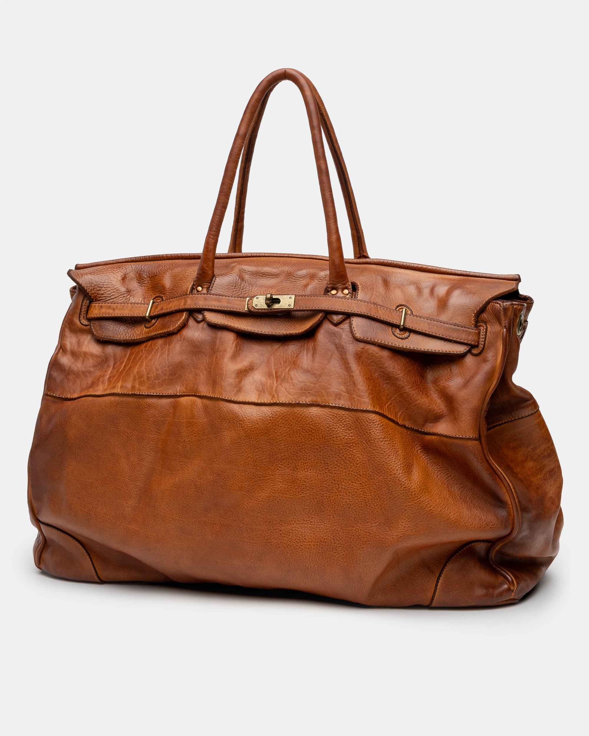 Oversized Slouchy Calf-Leather Travel Tote Bag in Cognac