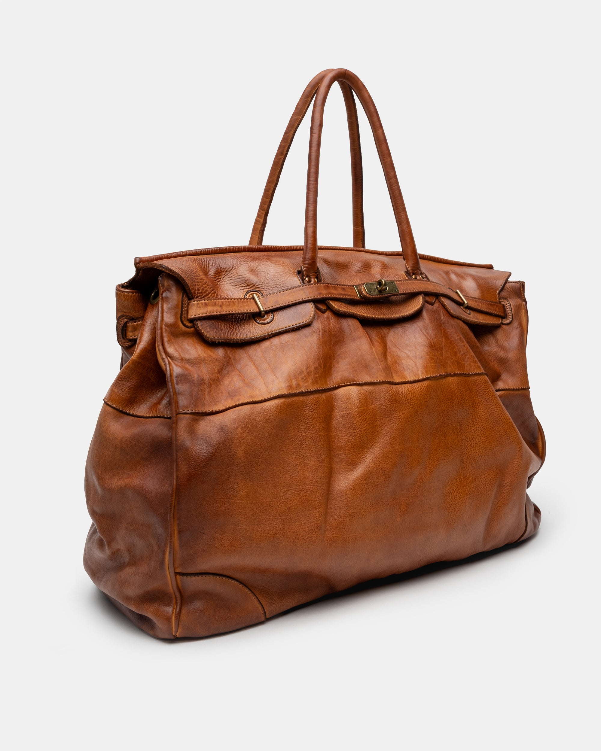 Oversized Slouchy Calf-Leather Travel Tote Bag in Cognac